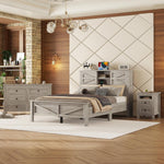 SOFTSEA farmhouse 3 piece bedroom set front view displaying gray full platform bed and matching storage furniture.