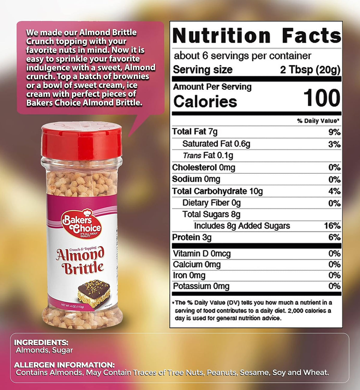 Side angle of Baker's Choice nut dessert topping bottle illustrating the convenient sprinkle-top lid.