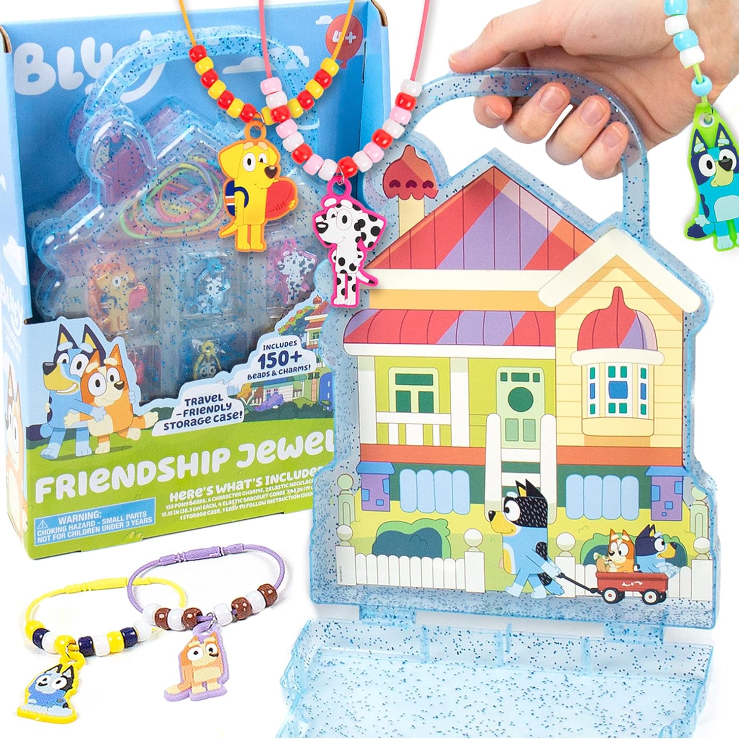 Horizon Group USA Bluey Friendship Jewelry front view of house shaped storage case with beads and charms