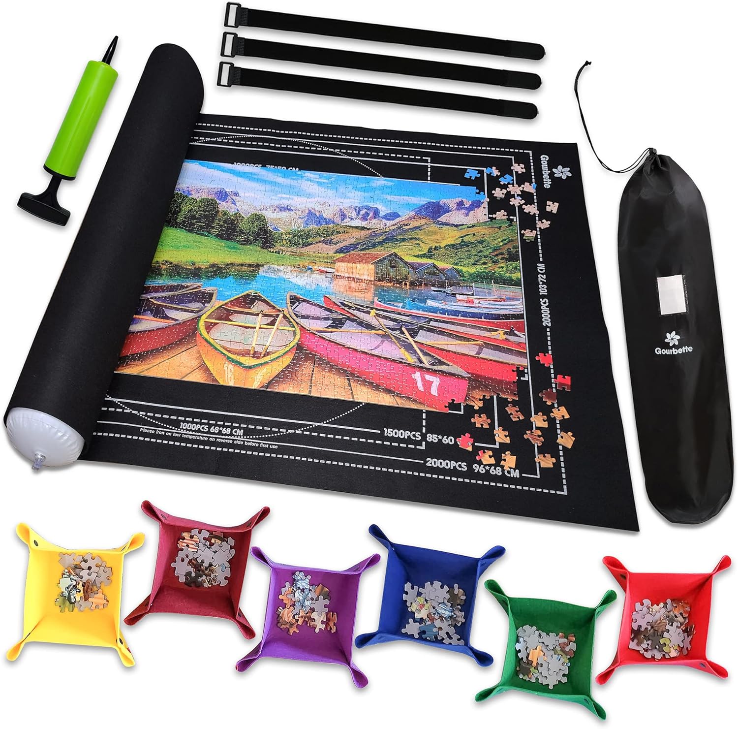 Gourbette jigsaw puzzle mat roll up front view showcasing the large black felt workspace with printed guidelines.