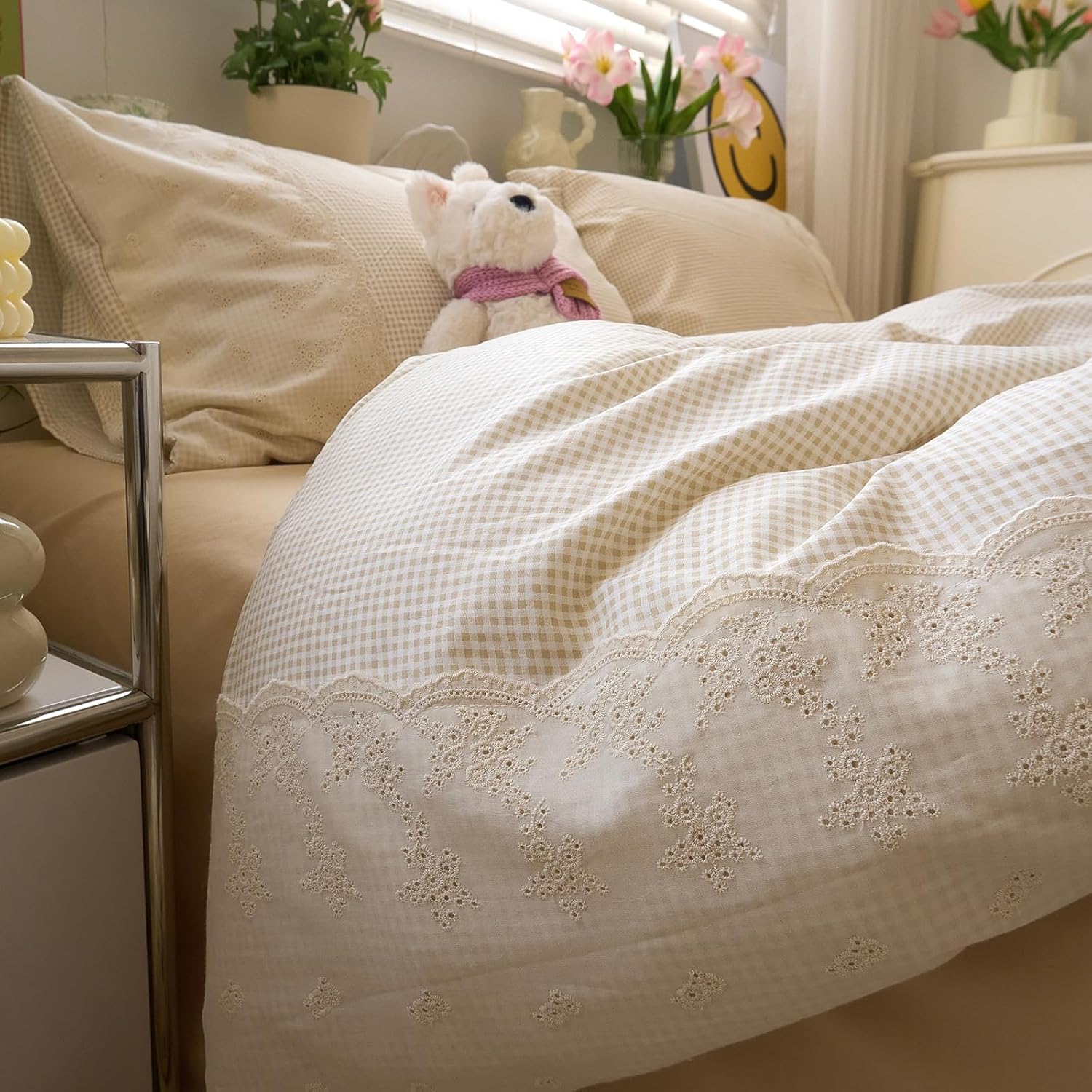 LifeTB tan gingham duvet cover queen set front view on farmhouse style bed