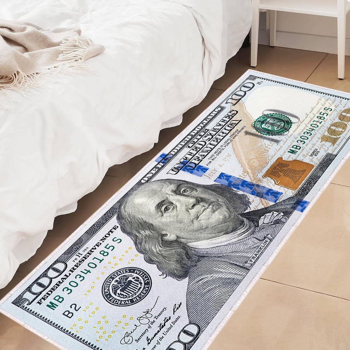 View of the slip-resistant TPR backing material on the bottom of the money rug