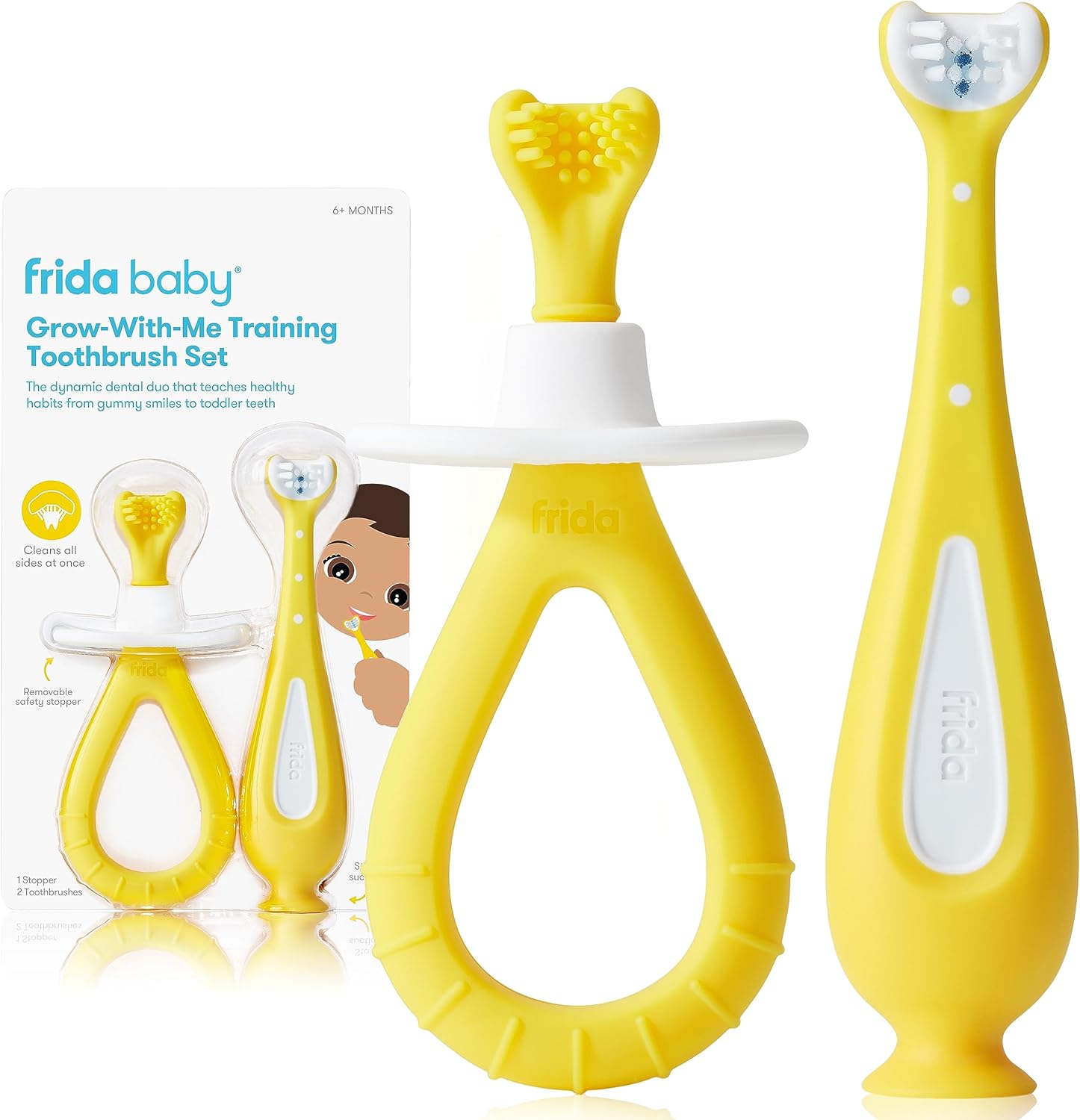 Frida Baby Grow-With-Me Training Toothbrush Set front view showing infant and toddler brushes