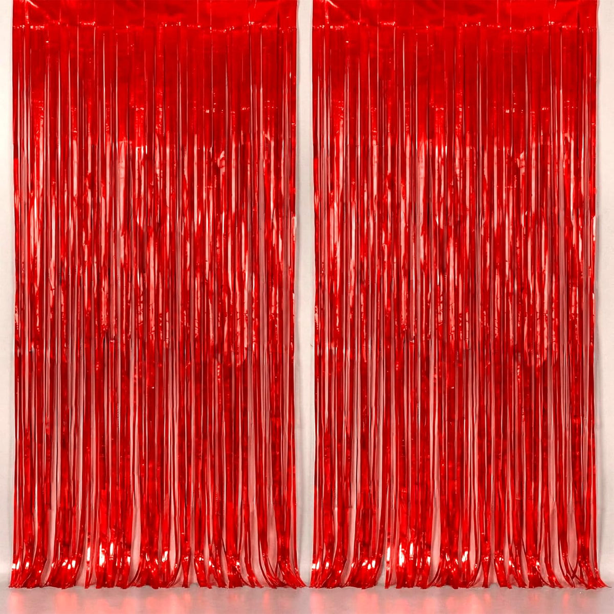 KatchOn XtraLarge Red Streamers Foil Fringe Backdrop front view for Valentine decorations.