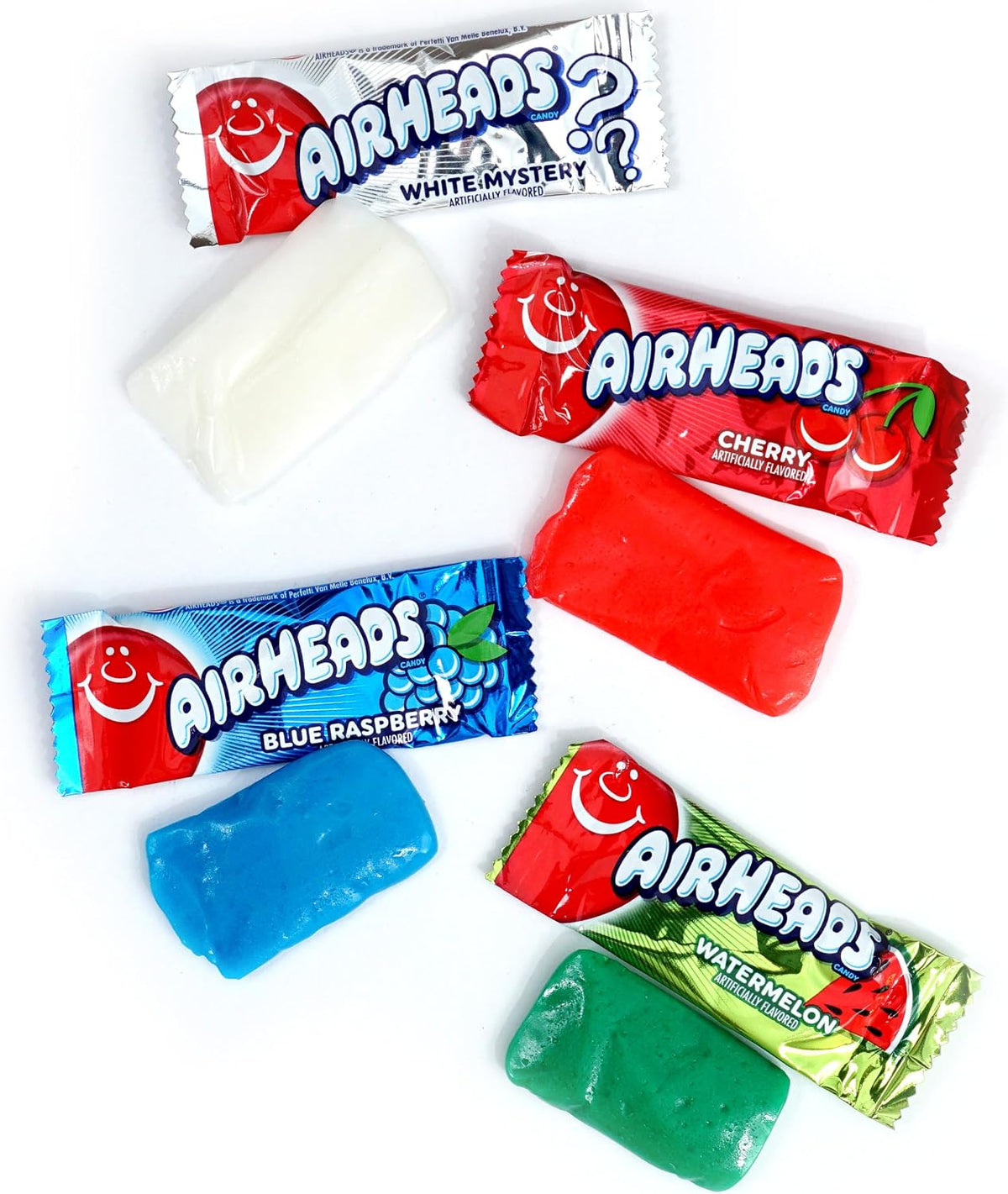 Airheads Mini Bars pile showing various fruit flavor wrappers