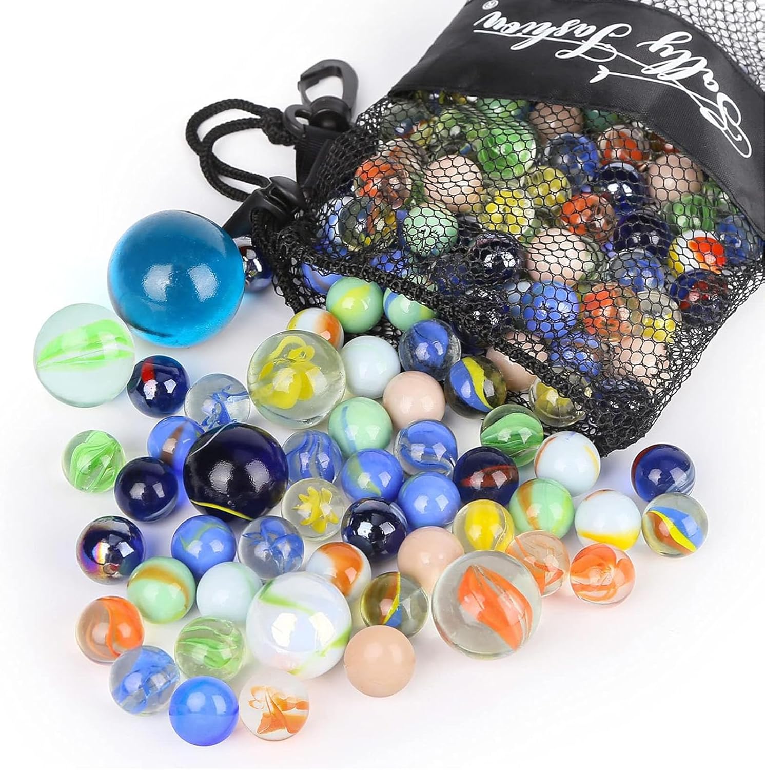 SallyFashion glass marbles 66 pieces set front view showing assorted colorful spheres in a mesh bag