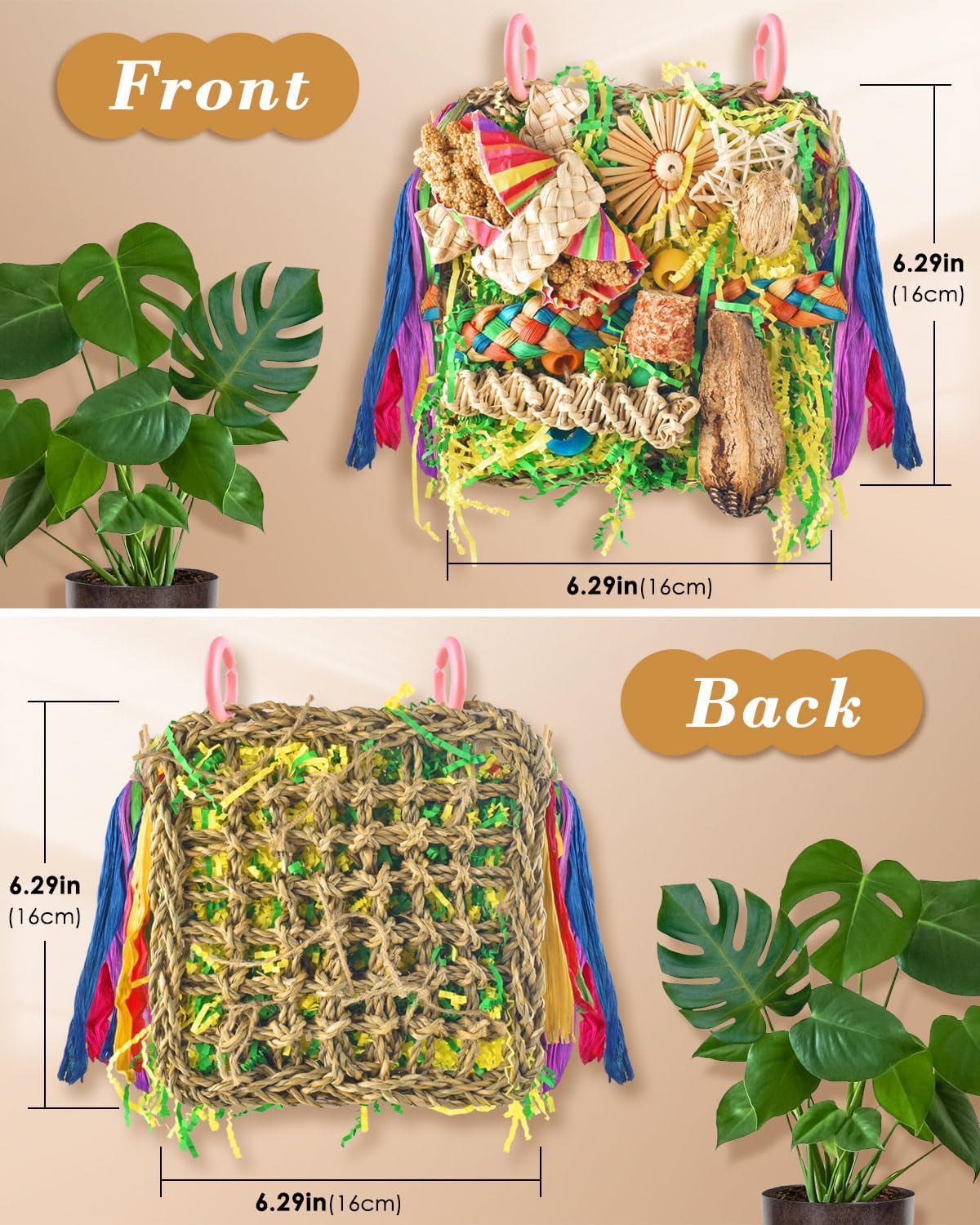 Natural seagrass bird climbing wall with colorful shredded paper and chew toys.