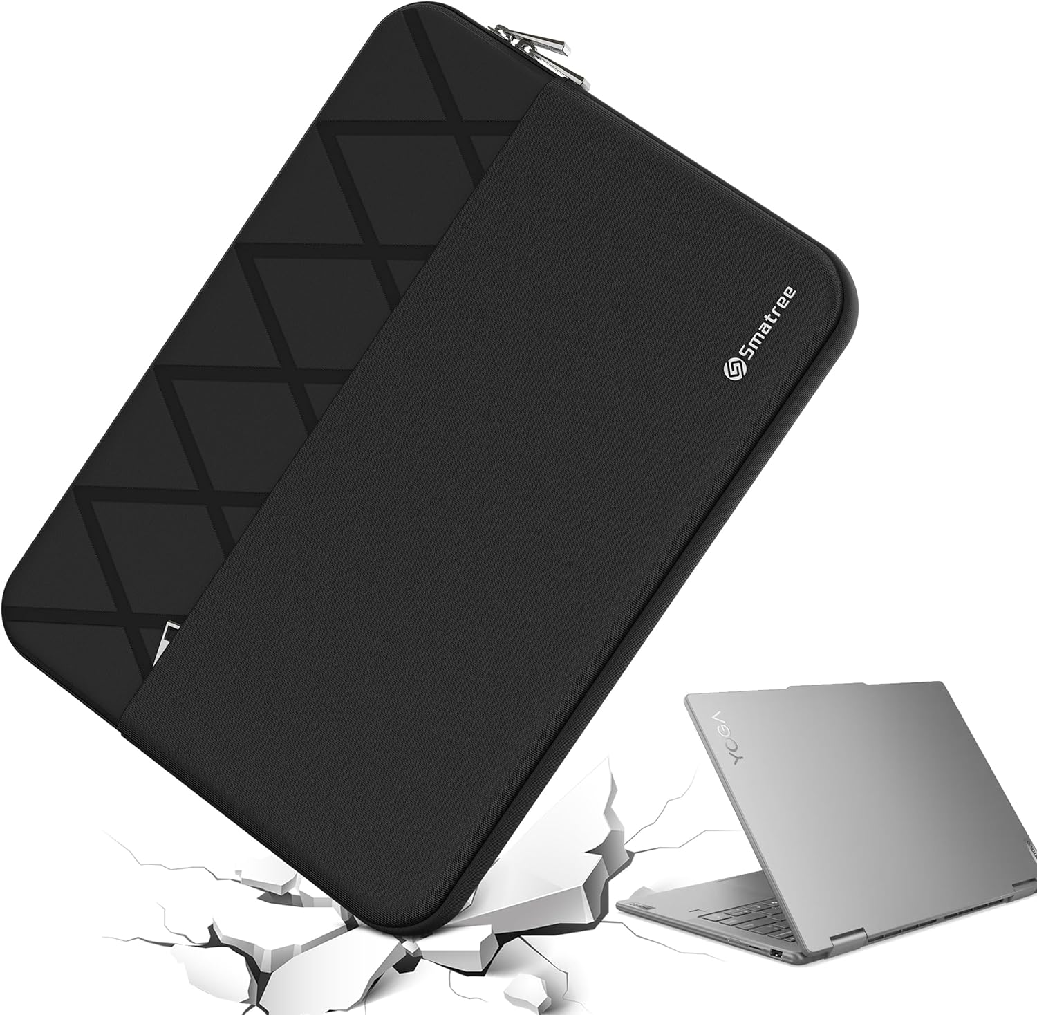 Smatree 16 inch anti shock laptop sleeve front view in elite black geometric pattern.