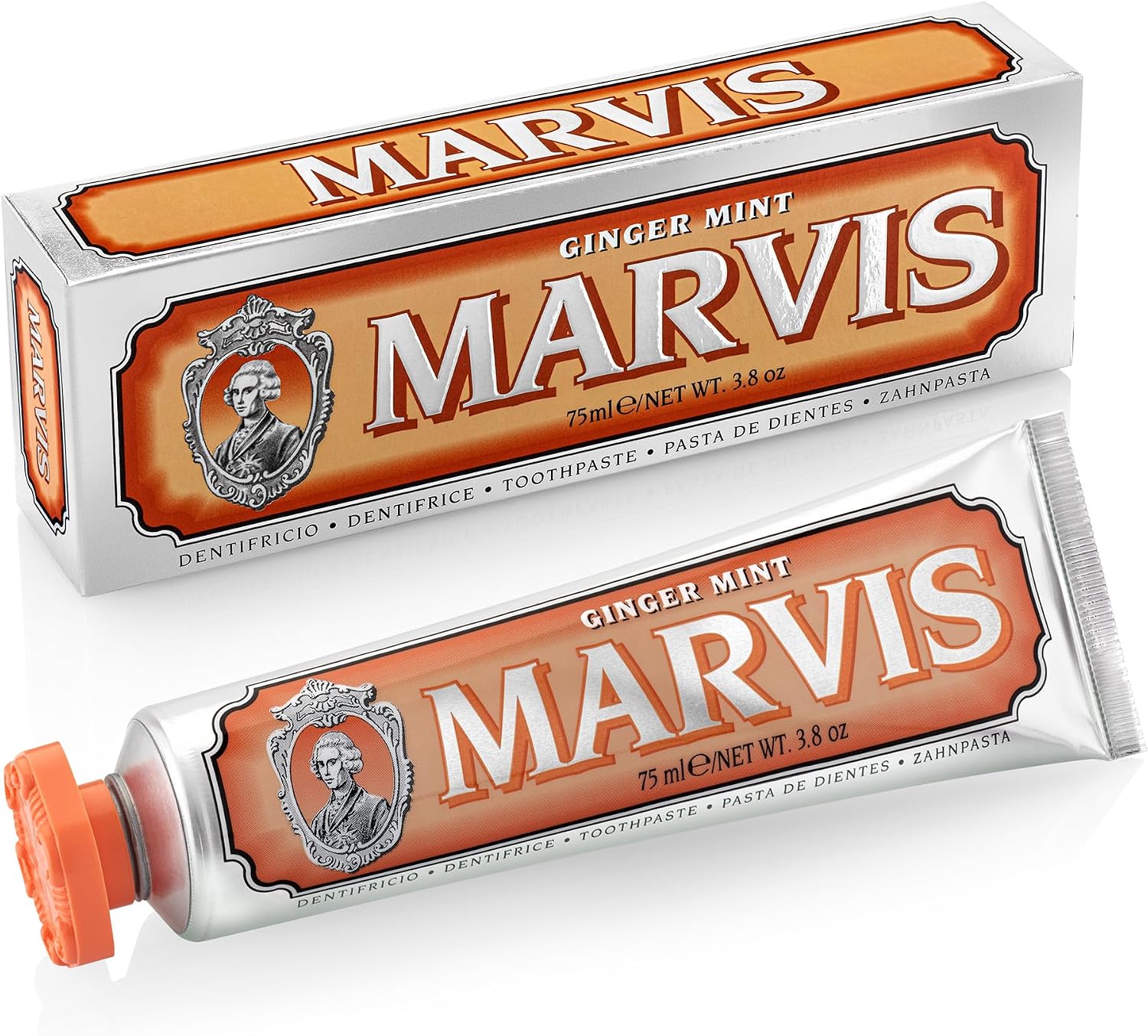 Marvis Ginger Mint Toothpaste 75ml front view showing retro Italian design packaging.