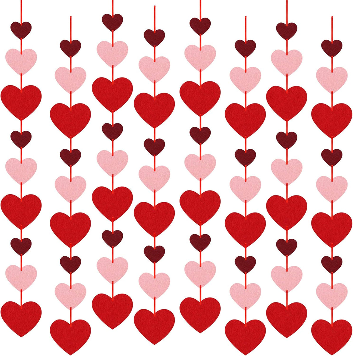 Auihiay Valentines felt heart hanging string garlands front view showing pre assembled red pink and burgundy hearts hanging vertically against a wall backdrop