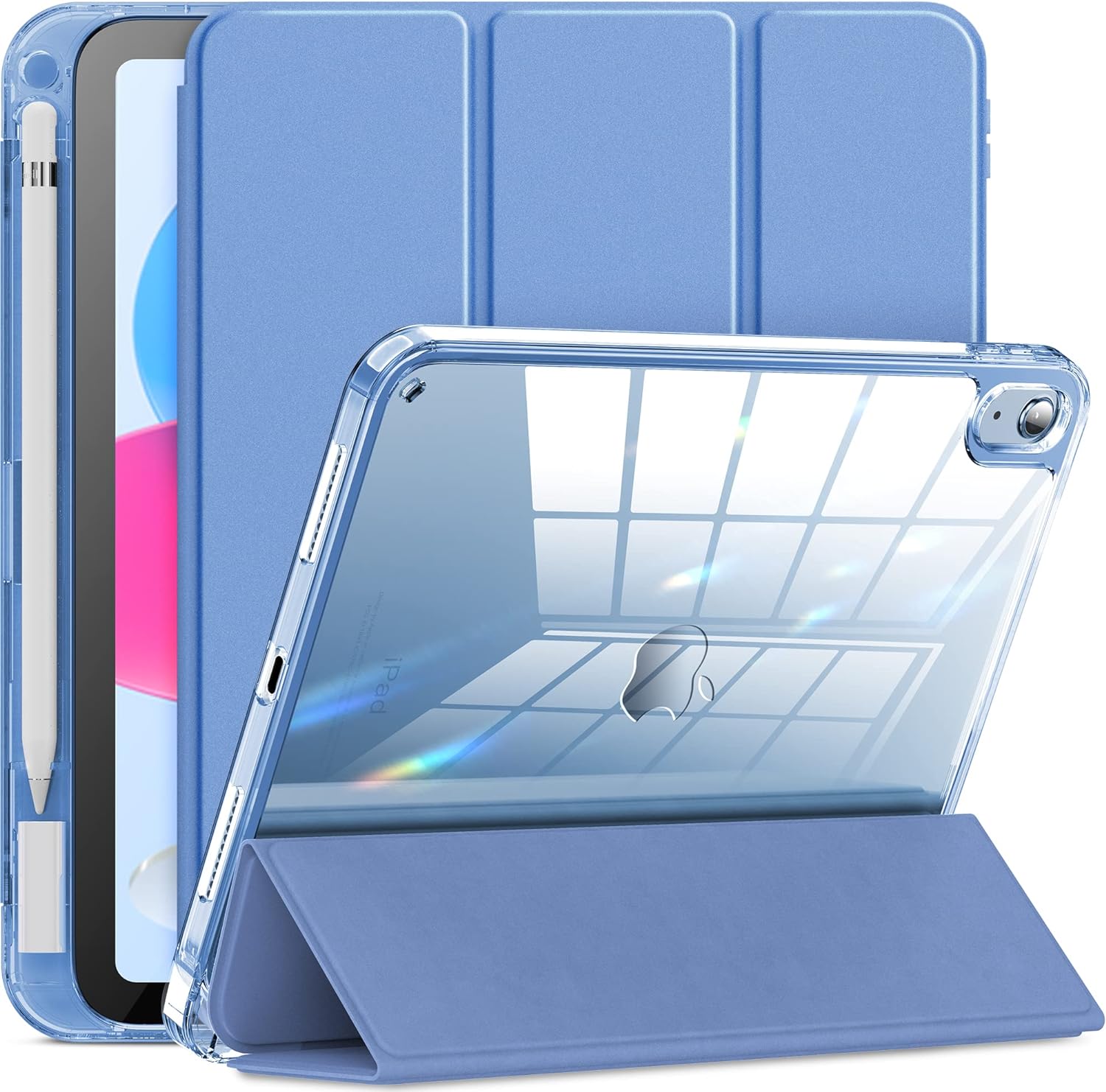 INFILAND iPad 10th Generation Case front view in Cerulean Blue color showing the trifold cover.