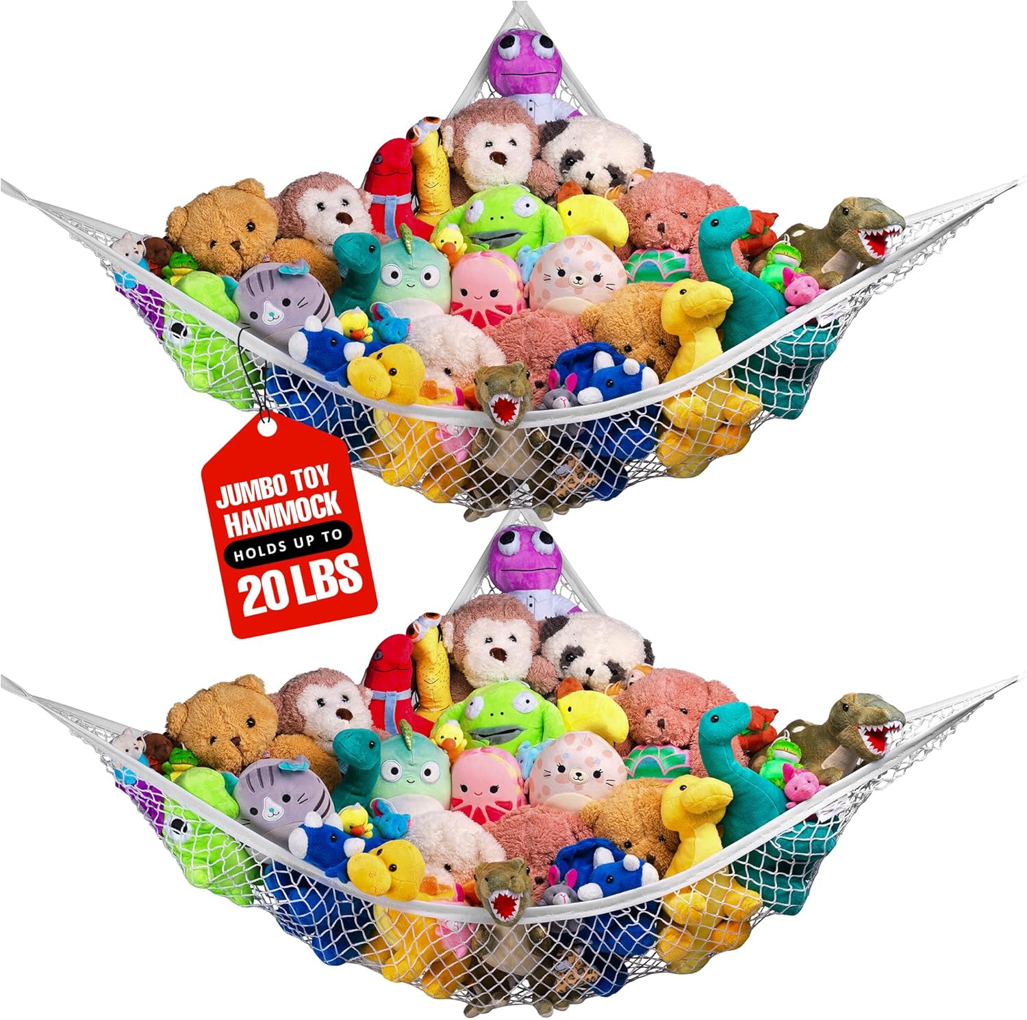 Handy Laundry stuffed animal hammock corner net front view showcasing white mesh filled with plush toys