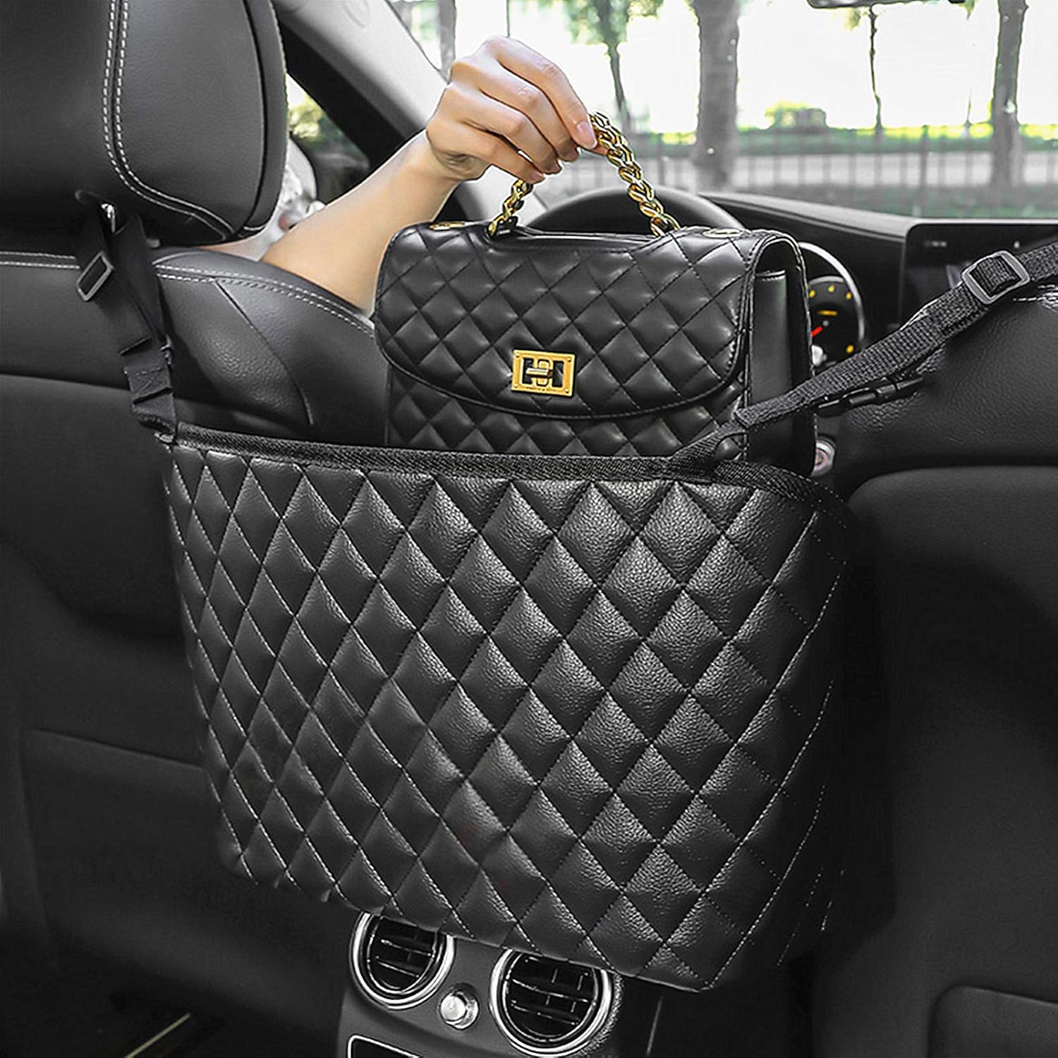 Guoord car net pocket handbag holder front view installed between front seats