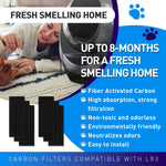 Six pieces of replacement activated carbon filter pads for automatic cat waste drawers laid out horizontally