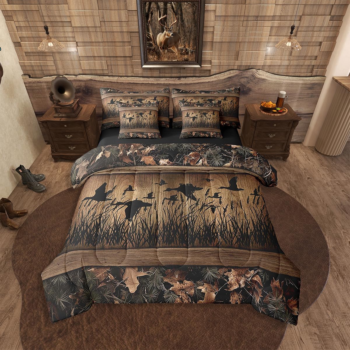 Erosebridal 7 piece camo mallard duck comforter set on queen bed
