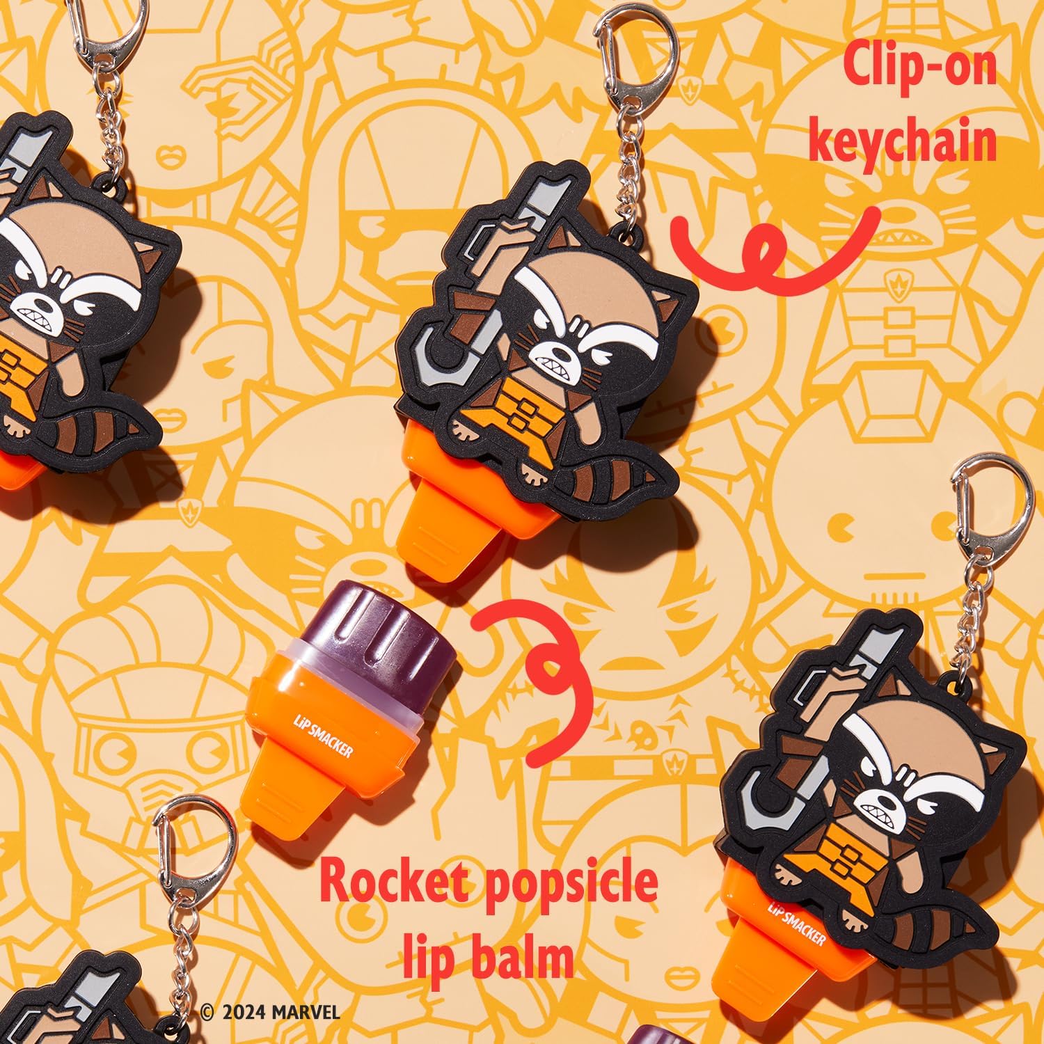Lip Smacker Rocket Raccoon lip balm keychain attached to a backpack