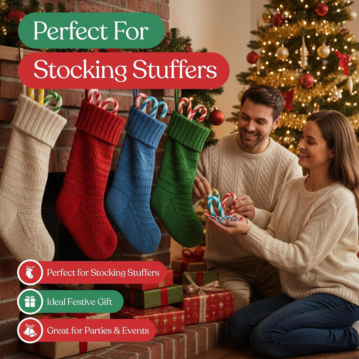 Two decorative stockings filled with one hundred pieces of individually wrapped fruit candies