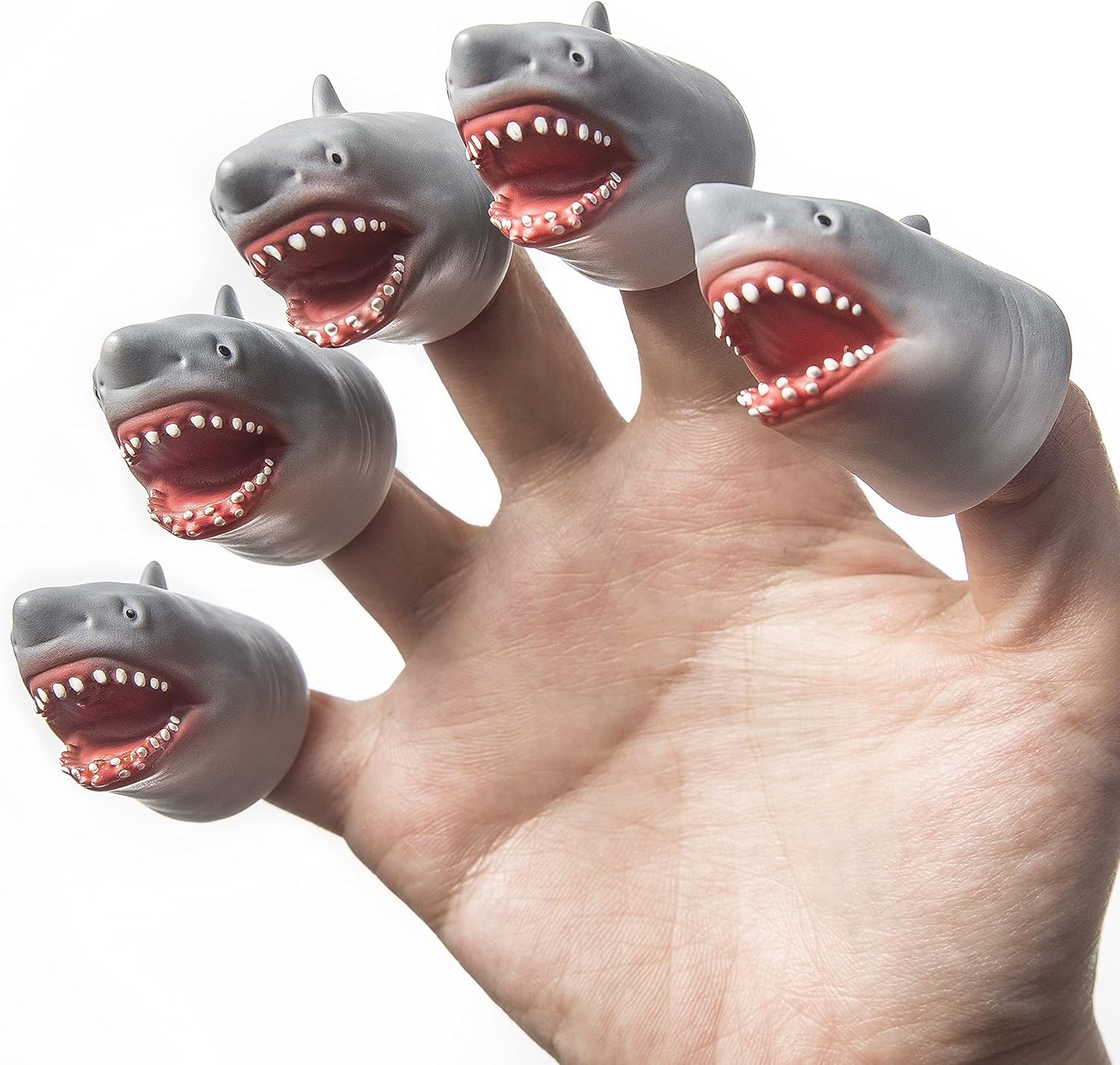 AQKILO shark finger puppet set front view showcasing five individual miniature rubber toys for kids