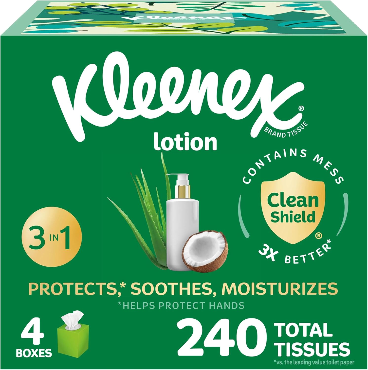 Kleenex Soothing Lotion Facial Tissues 4 pack front view for sensitive skin.