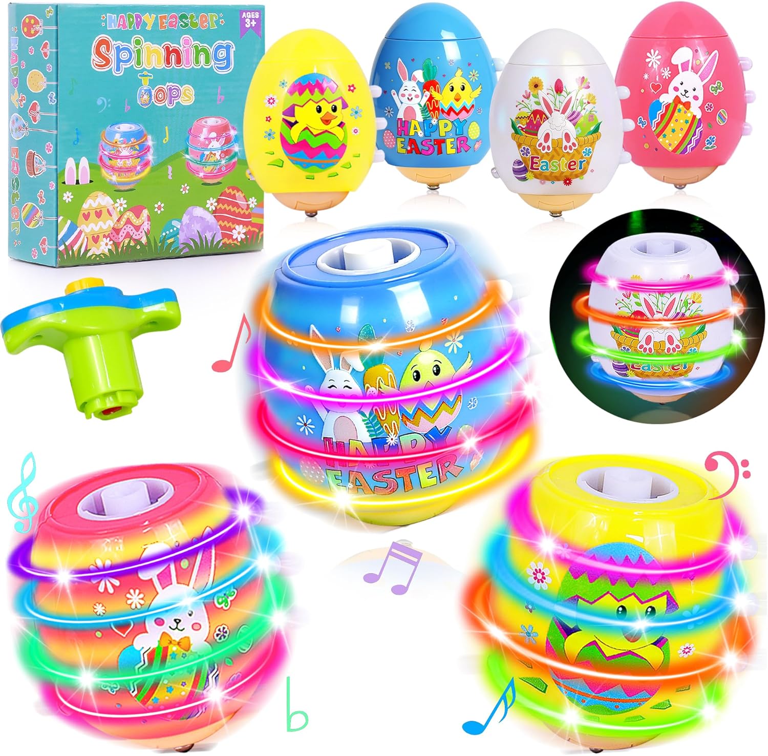 Itscolofy Easter egg light up spinning tops front view