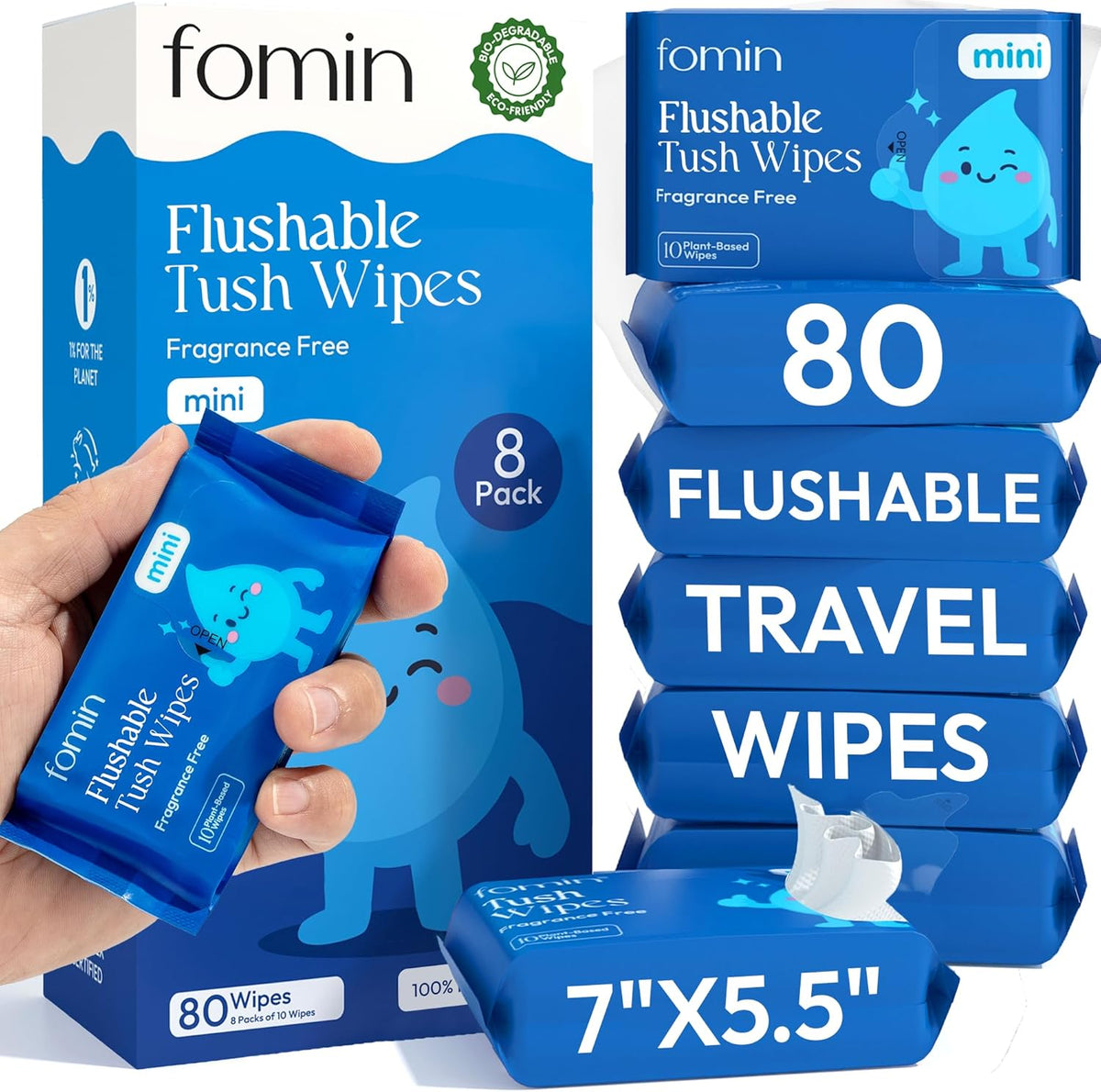 Fomin Flushable Tush Wipes 8 Pack set front view