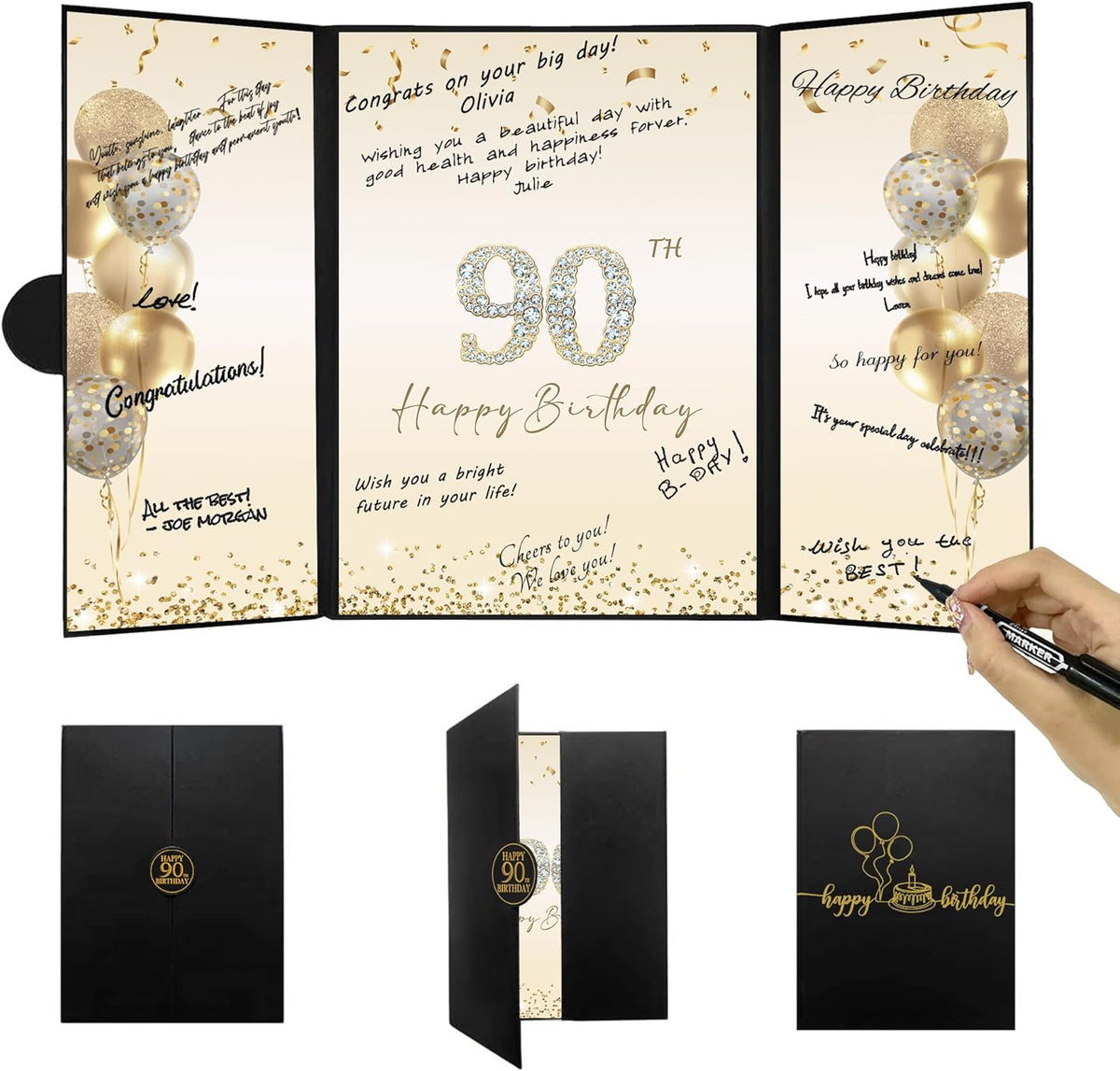 Darunaxy black and gold 90th birthday signature guest book front view