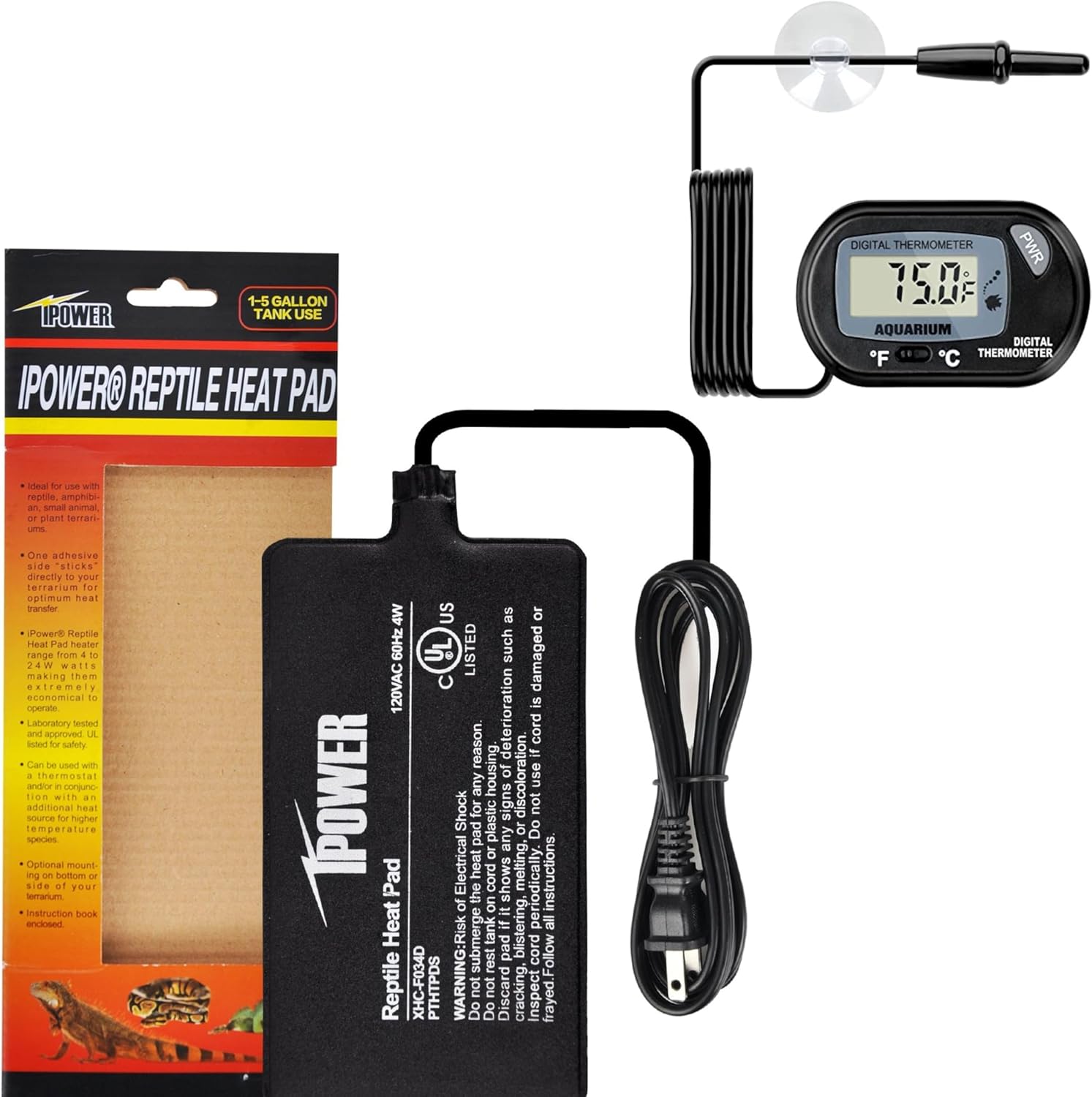 IPower reptile heat mat 4x7 inch with digital thermometer front view