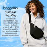 Baggallini swift belt bag shown worn as a crossbody sling across the chest