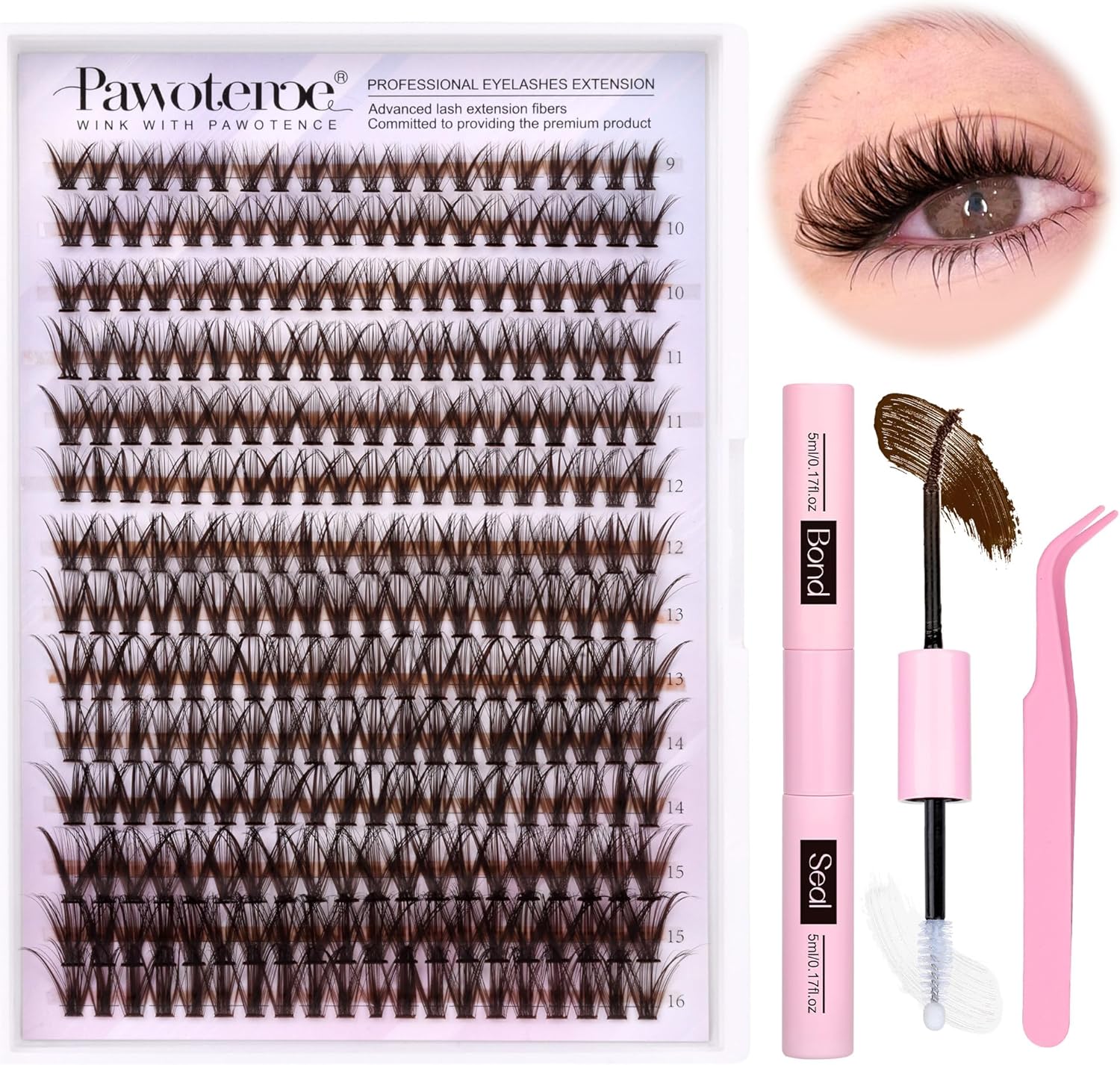 Pawotence DIY lash extension kit with 280 brown clusters and tools