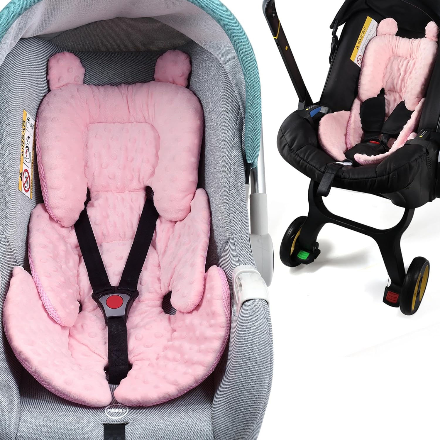 Honeau 3in1 reversible carseat head body support newborn cushion front view in pink