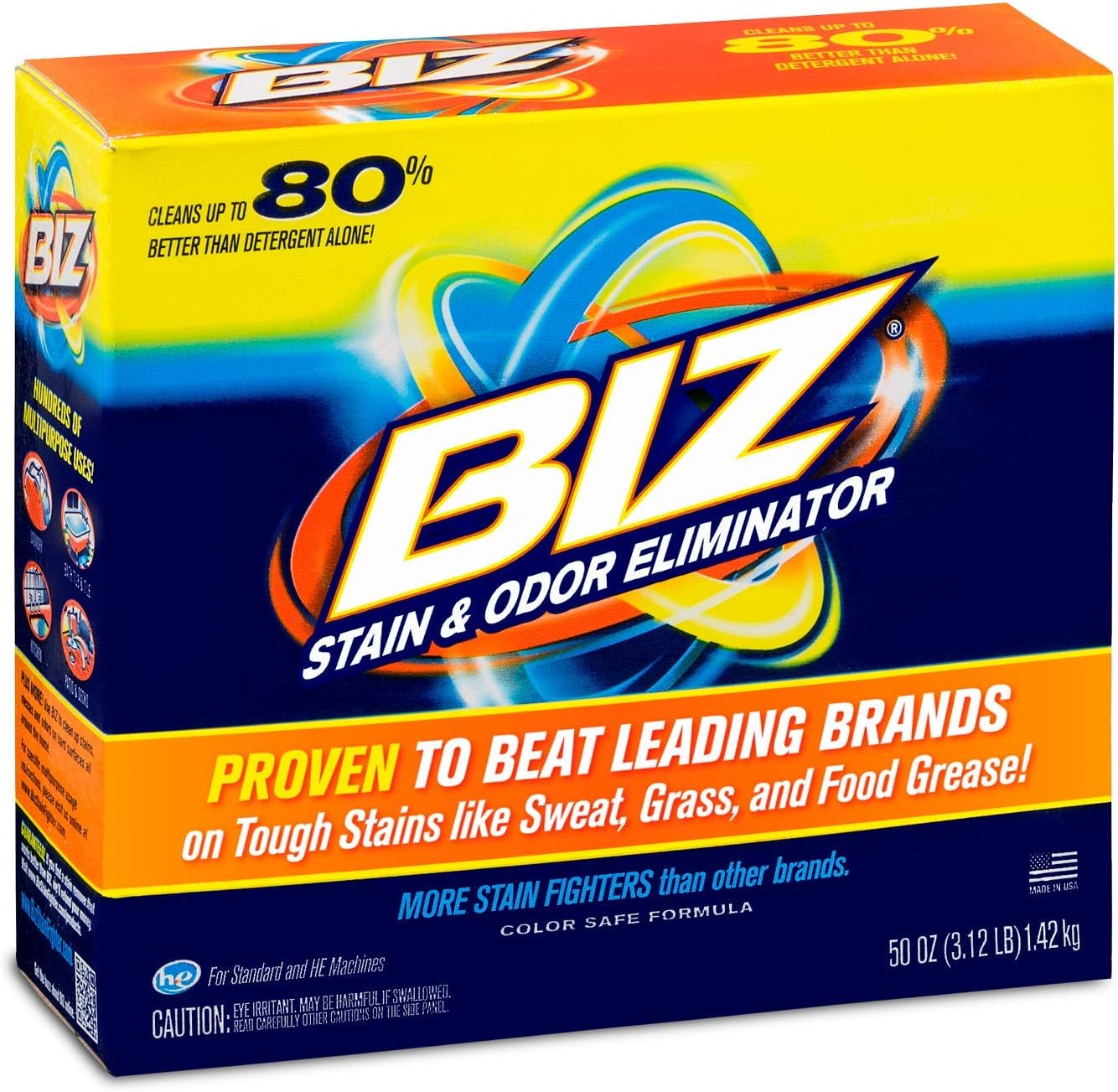 Biz Laundry Detergent Powder Booster 50 Ounce box front view for stain removal.