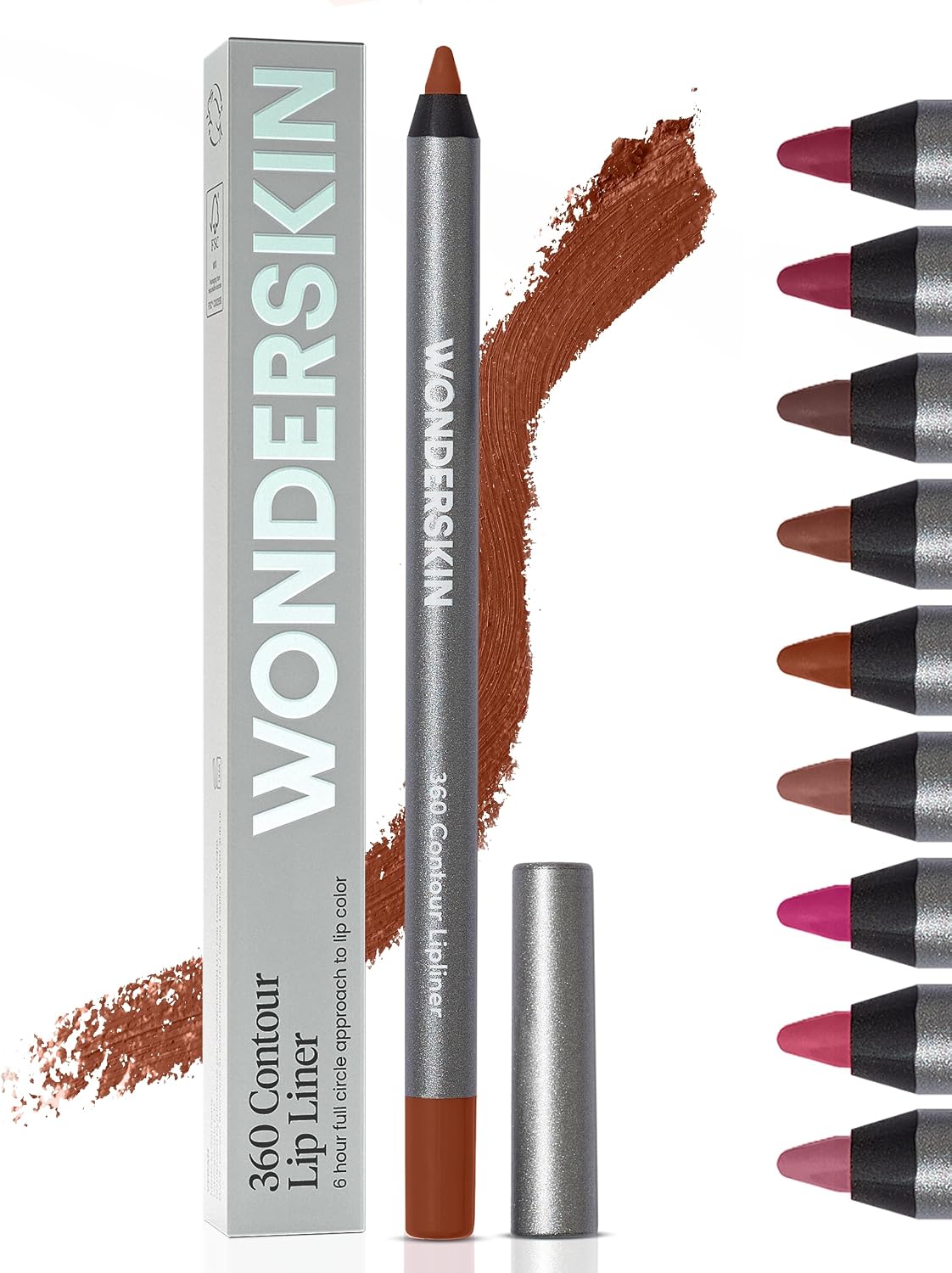 Wonderskin 360 Contour Lip Liner Pencil Nutmeg front view packaged in a silver box