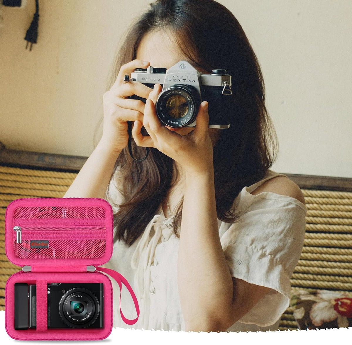 Elonbo digital camera hard case packed inside a travel backpack