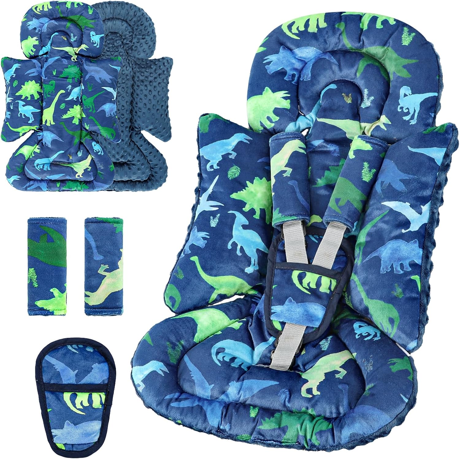 TANOFAR car seat head support baby front view featuring blue and green dinosaur pattern plush fabric