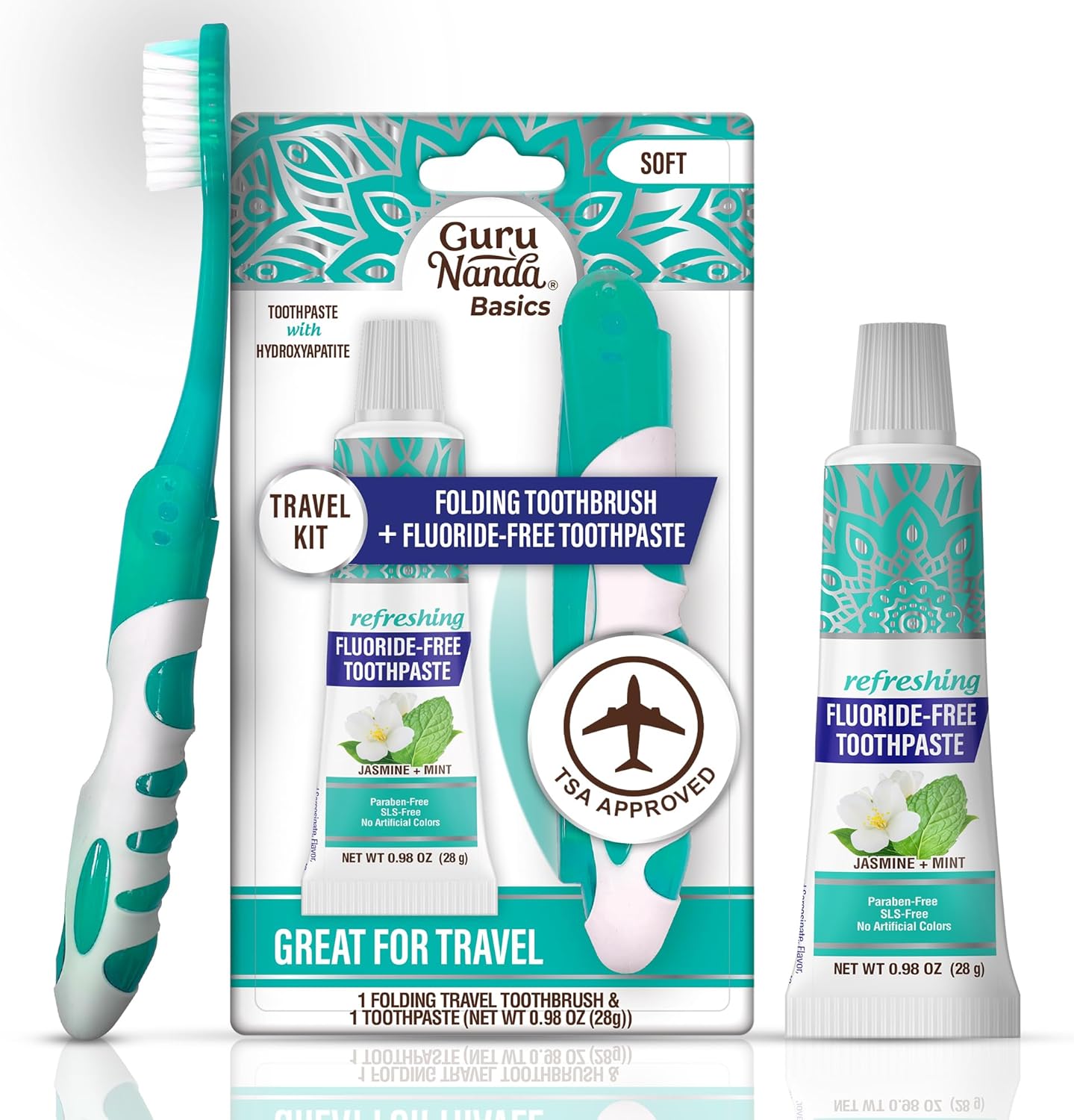 GuruNanda Folding Toothbrush with Built-in Cover & Toothpaste with Hydroxyapatite, Perfect for Travel, Compact & Portable, On-The-go - Soft Bristles & Ergonomic Handle, for Adults & Kids (1 Count) - Image 1