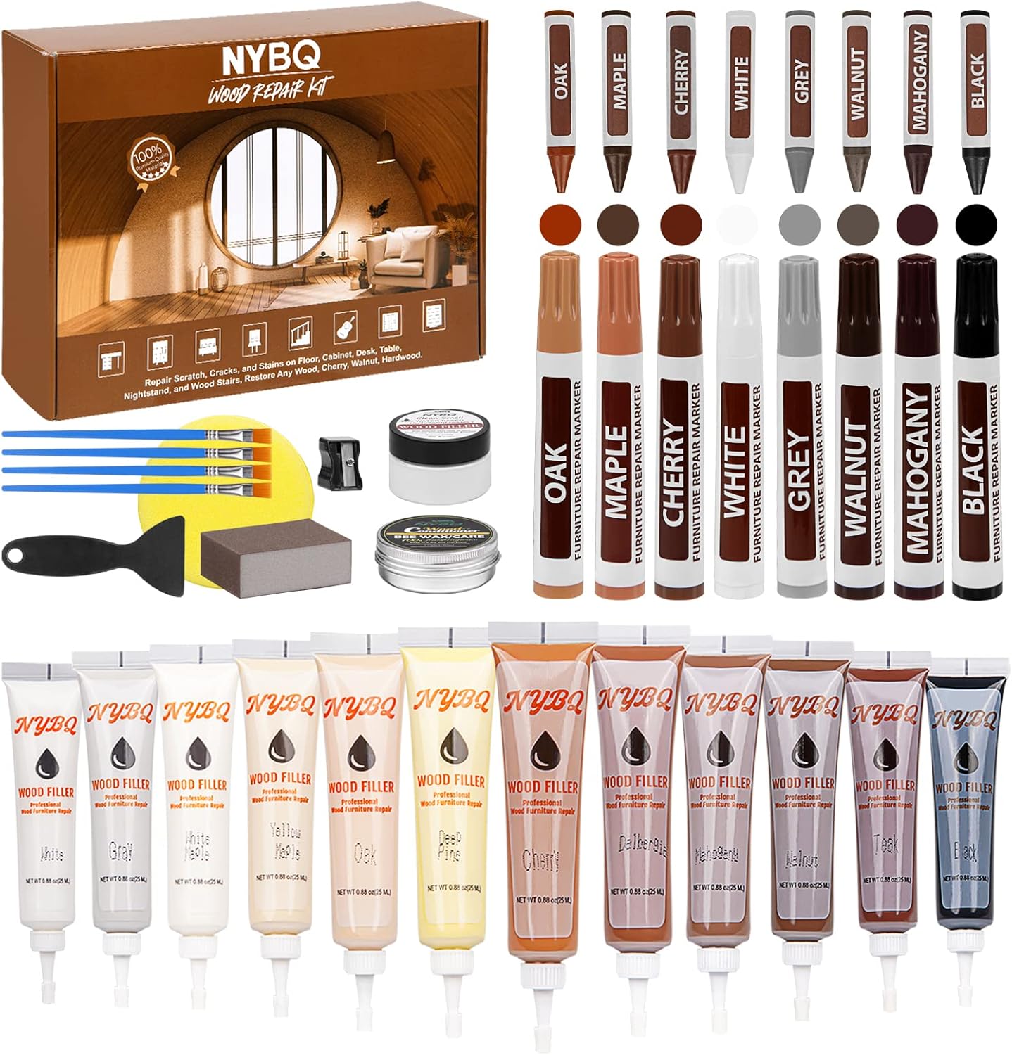 NYBQ Wood Furniture Repair Kit 41-piece set front view for floor restoration.