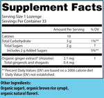 Back panel of Tummydrops Butterscotch Ginger pouch showing ingredients list and dietary supplement facts.