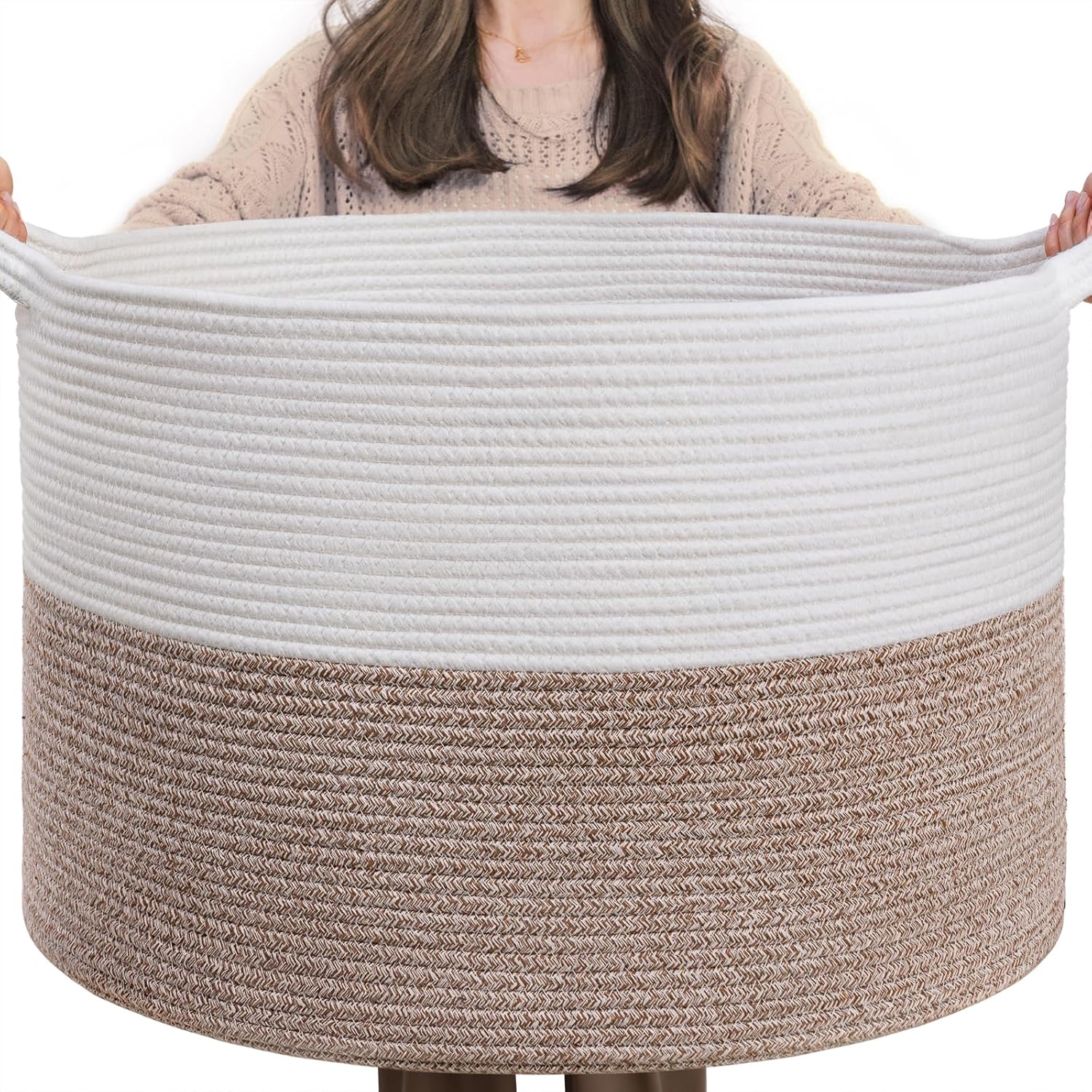 INDRESSME XXXLarge Cotton Rope Basket front view showing white and brown woven design for living room organization