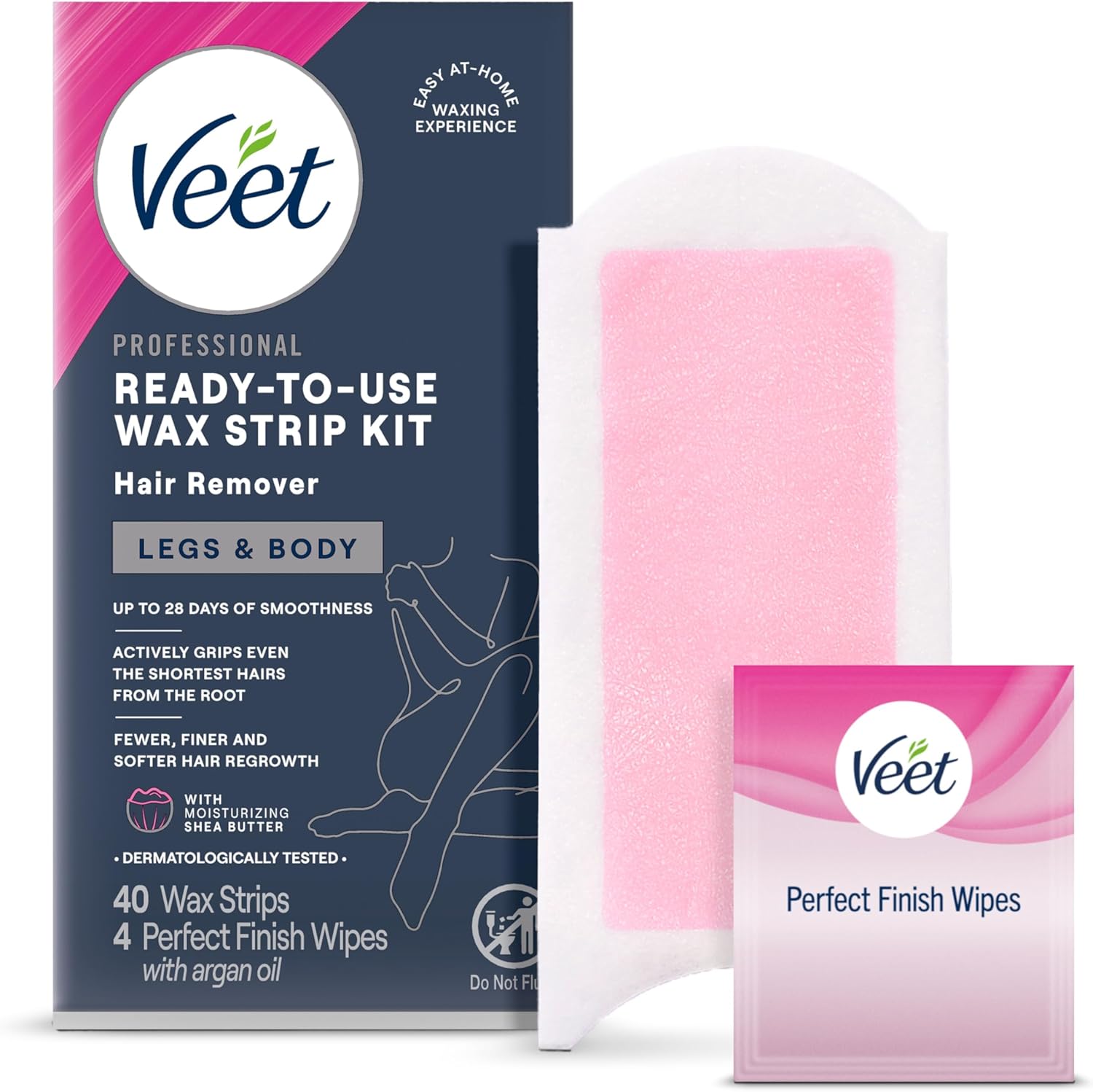 Veet cold wax strips forty count box front view showcasing authentic packaging.