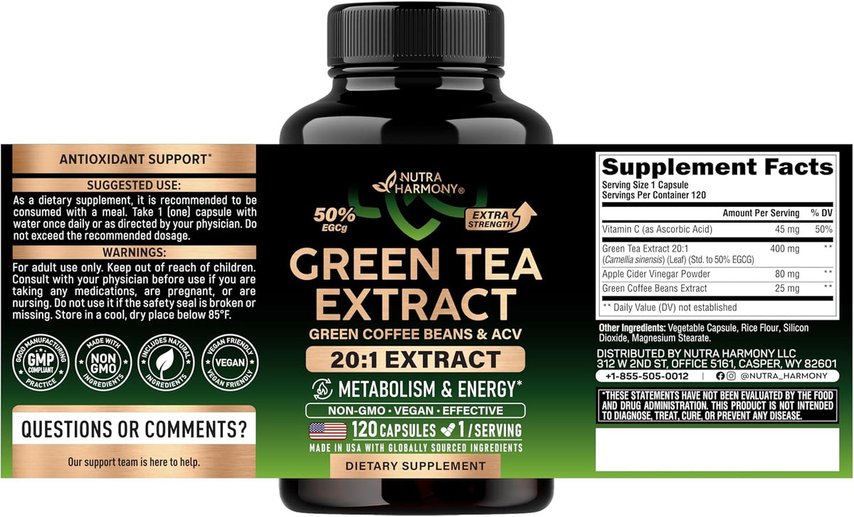 Nutraharmony Green Tea supplement bottle back label ingredients