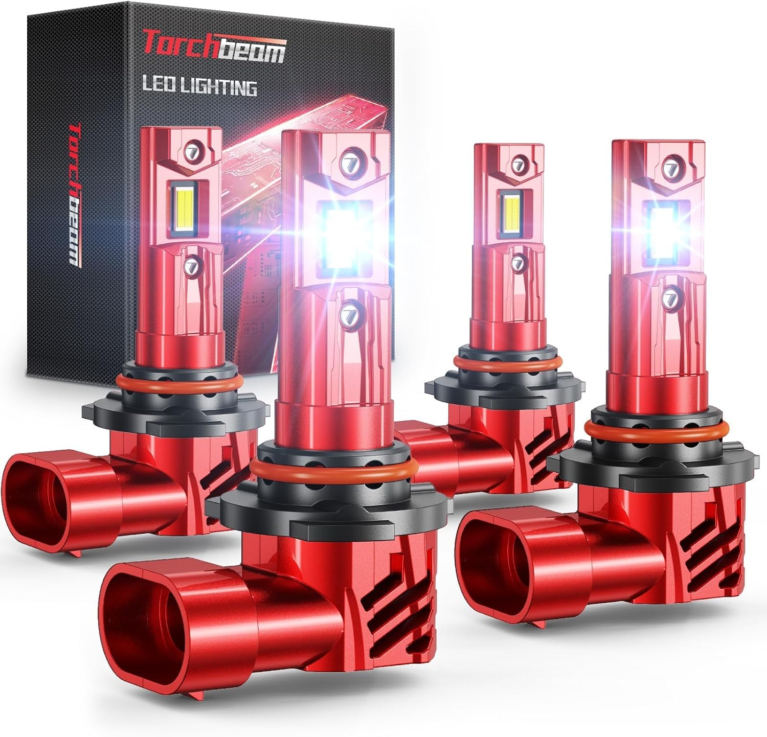 Torchbeam 9005 9006 LED fog light bulbs front view showing red aluminum body and cooling fan.