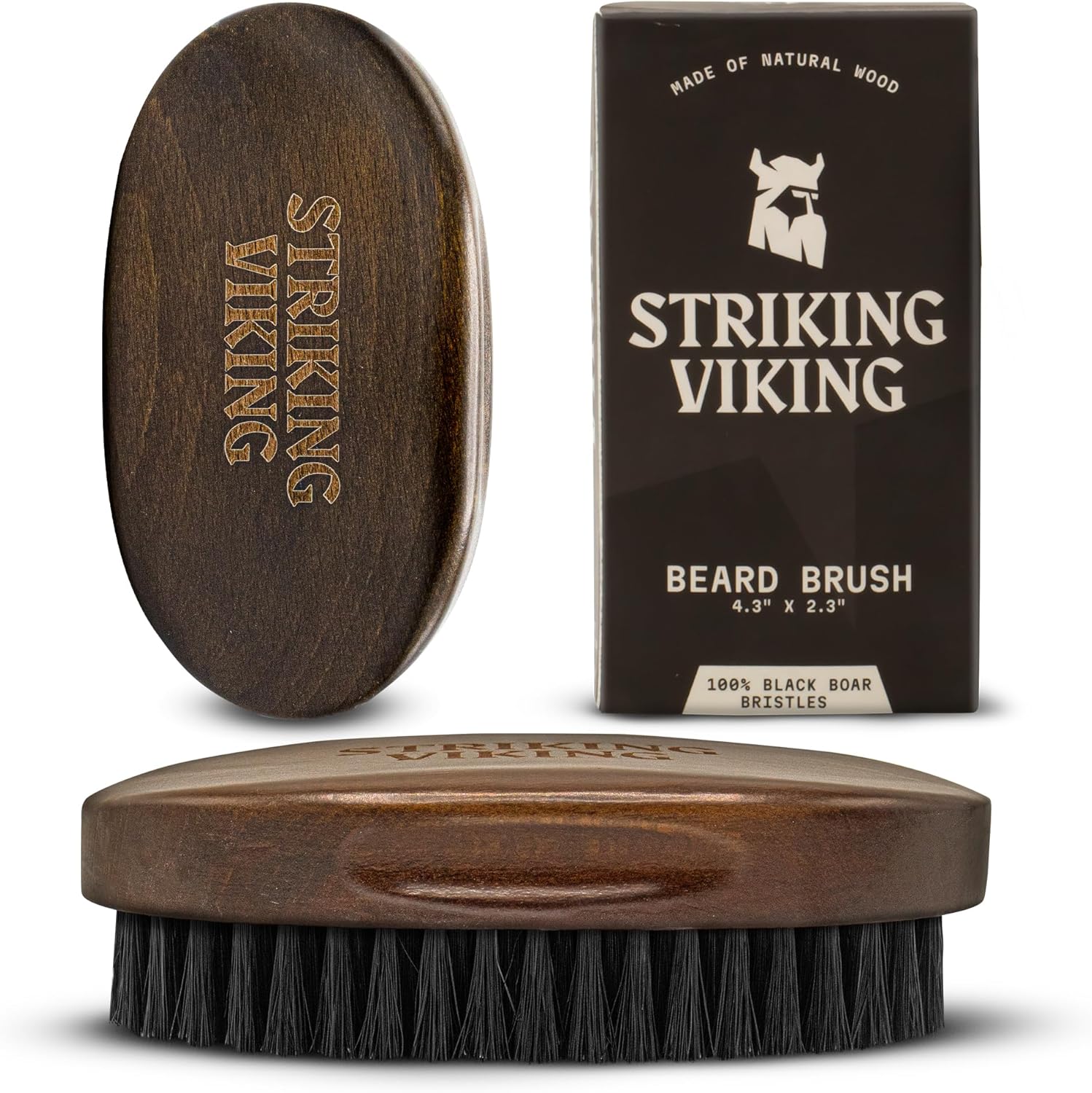 Striking Viking Beard Brush for Men front view showing premium brown beech wood handle and black boar bristles.