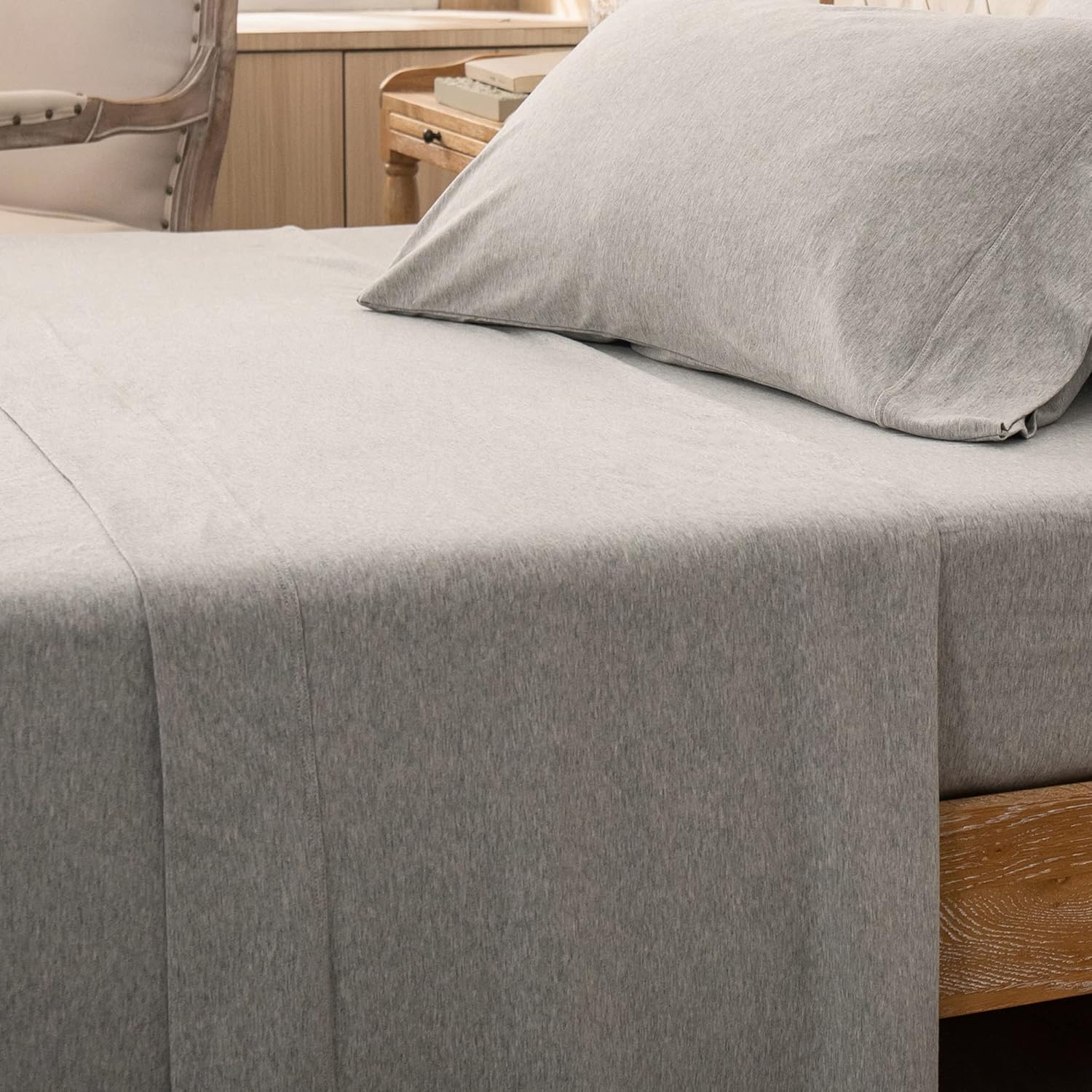 PURE ERA jersey knit flat top sheet queen grey front view on bed