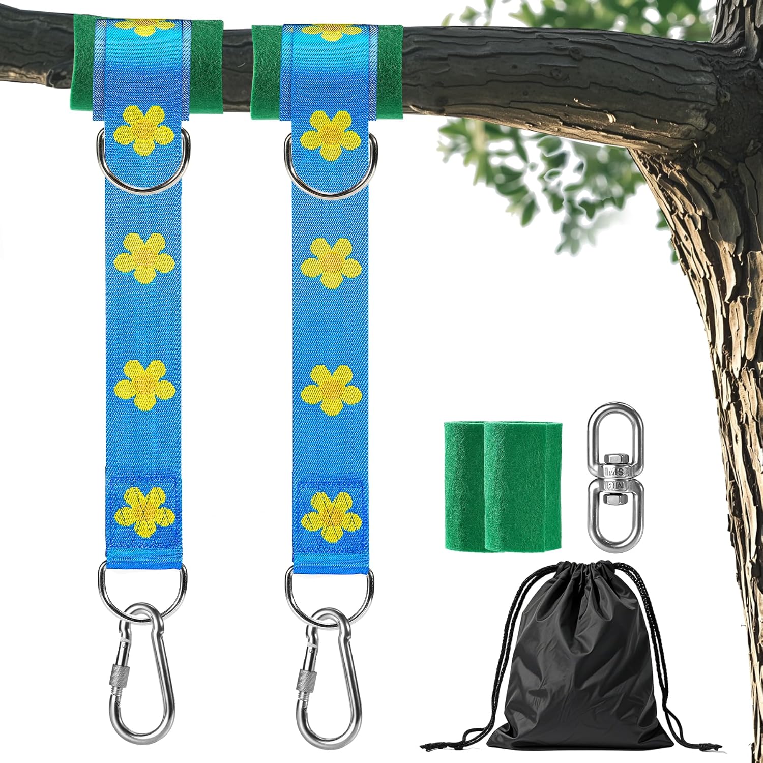 Werflyto safe tree swing hanging straps kit front view showing blue floral nylon webbed straps.