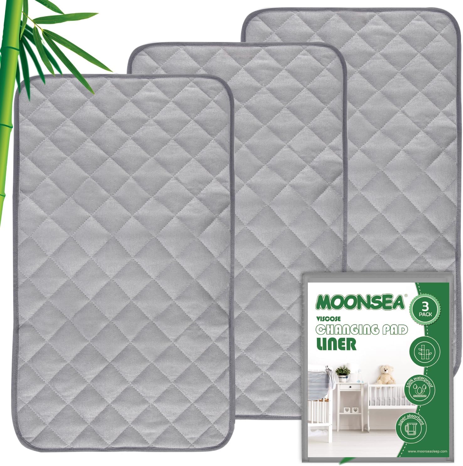 Moonsea 3 pack waterproof bamboo diaper changing pad liners front view