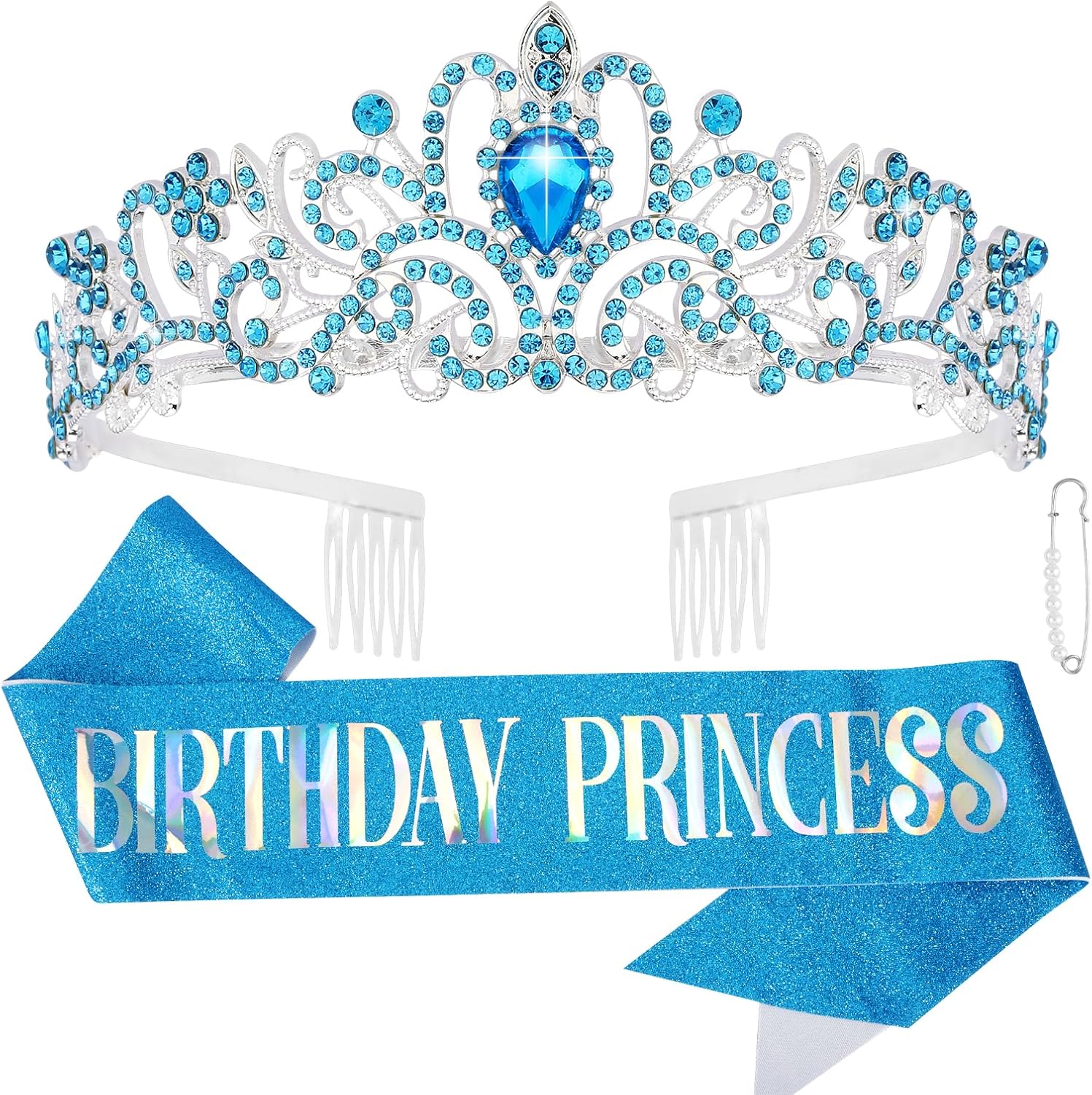CIEHER Princess Crown and Sash Set front view of blue rhinestone birthday tiara and matching glitter sash.