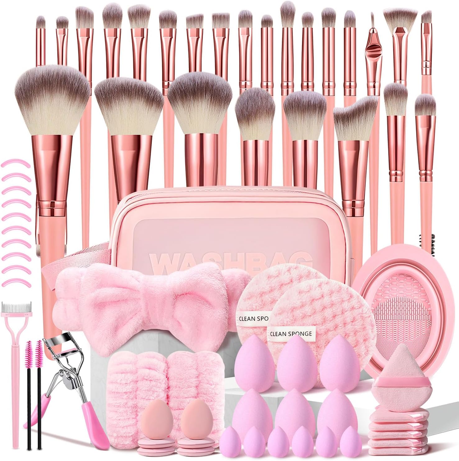 HGHDBT 70 piece pink makeup brushes set front view featuring premium synthetic cosmetic tools