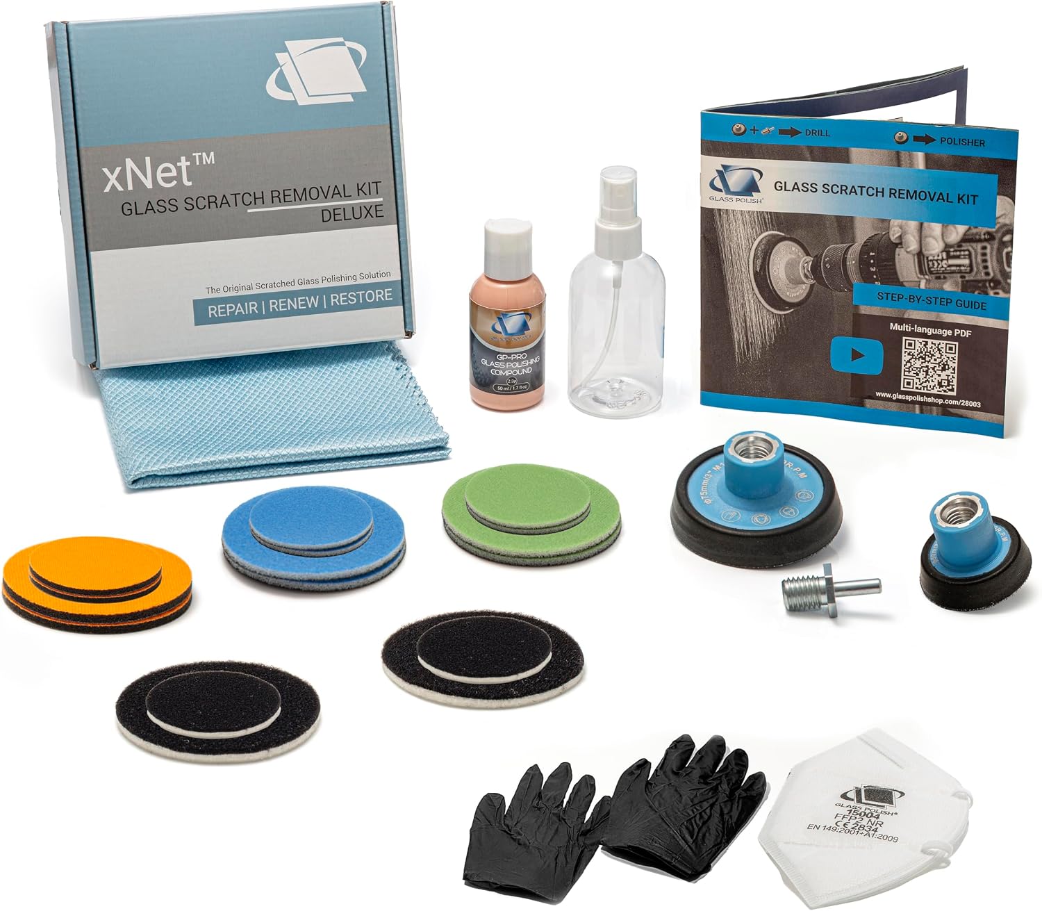 GLASS POLISH DIY Glass Scratch Removal Deluxe Kit 2" & 3" - Effective Glass Polishing with Drill or Polisher, Repairs Deep Scratches, Removes Surface Damage and Restores Original Clarity & Shine - Image 1