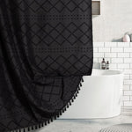 Siiluminisoy black boho fabric shower curtain front view in modern farmhouse bathroom