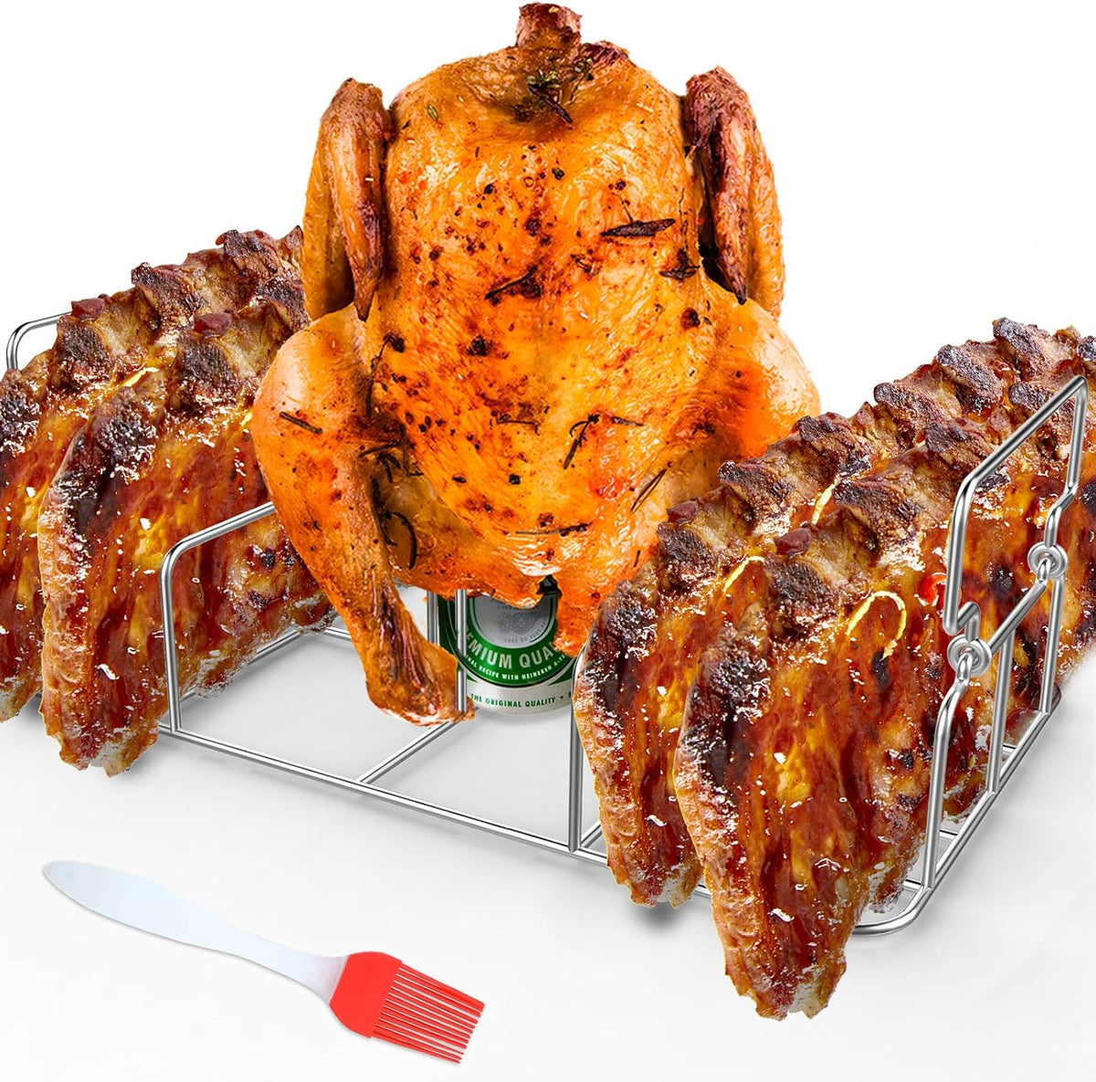 Stainless Steel Rib Rack & Silicone Brush for Grill | Heavy Duty 2-Handle Stand, Fits Smoker & Oven, Cook Up to 5 Ribs, Long-Lasting BBQ Accessory - Image 10